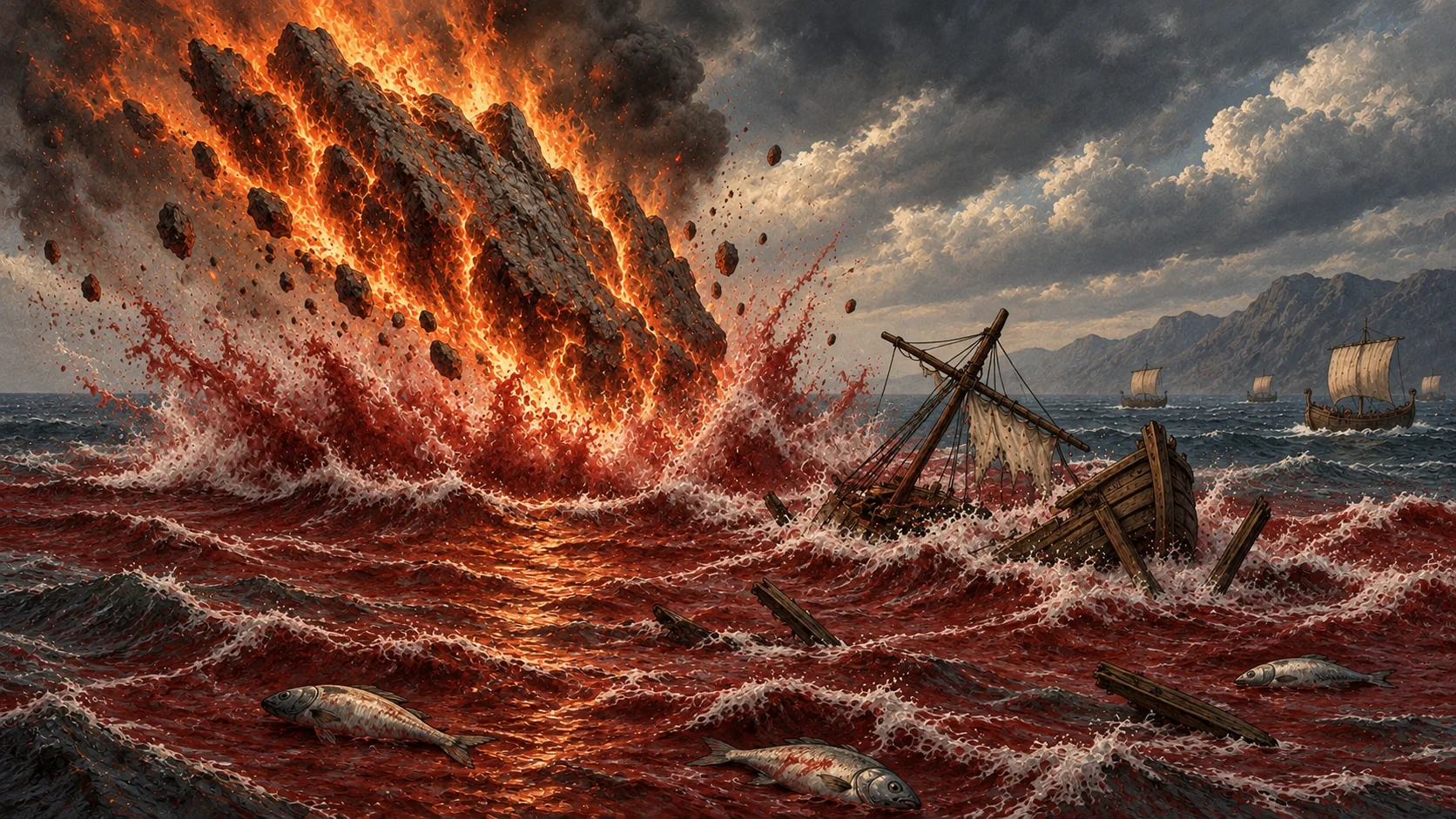 A burning mountain-like mass strikes the sea near a wrecked wooden ship.