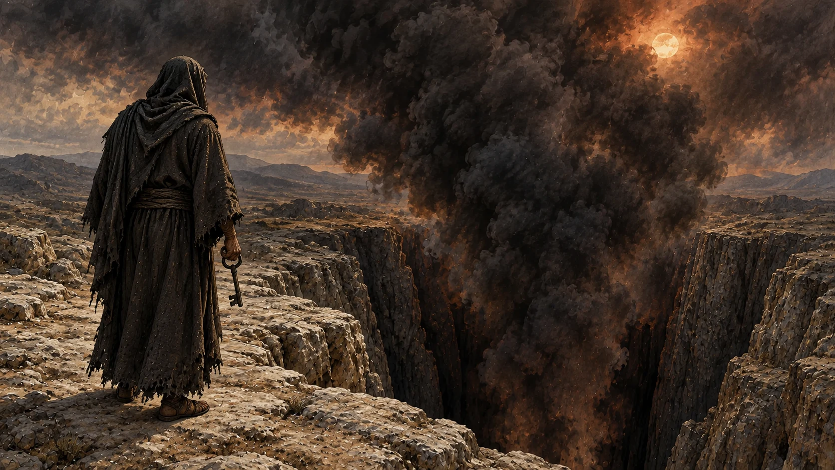 A key-bearing figure stands beside the opened abyss as smoke darkens the sky.