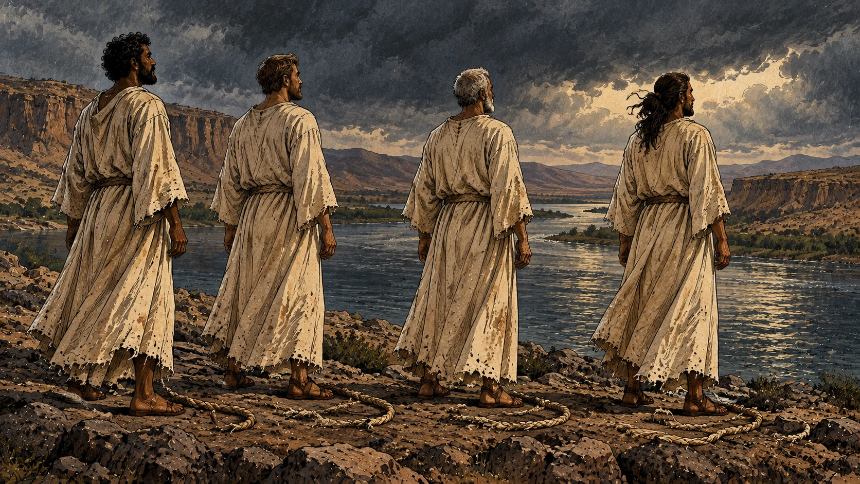 Four released angels stand beside the Euphrates with loosened cords at their feet.