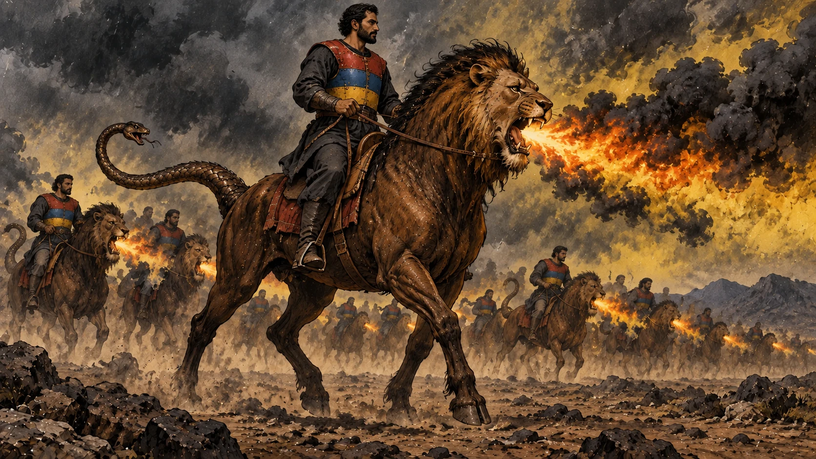 Lion-headed horses with serpent tails carry riders through fire, smoke and sulfurous haze.