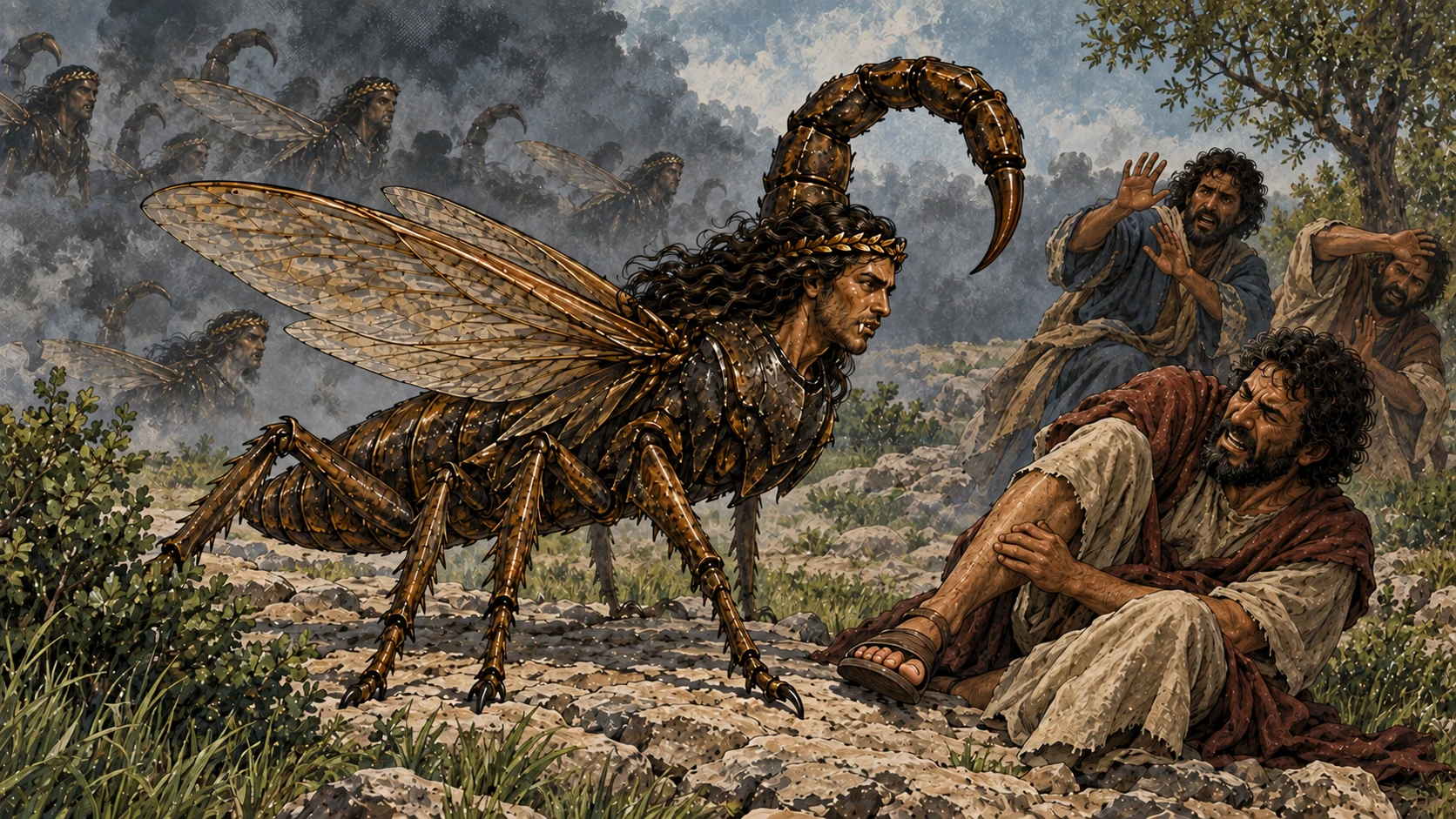 Visionary locusts emerge from smoke as living people recoil in pain beside unharmed greenery.