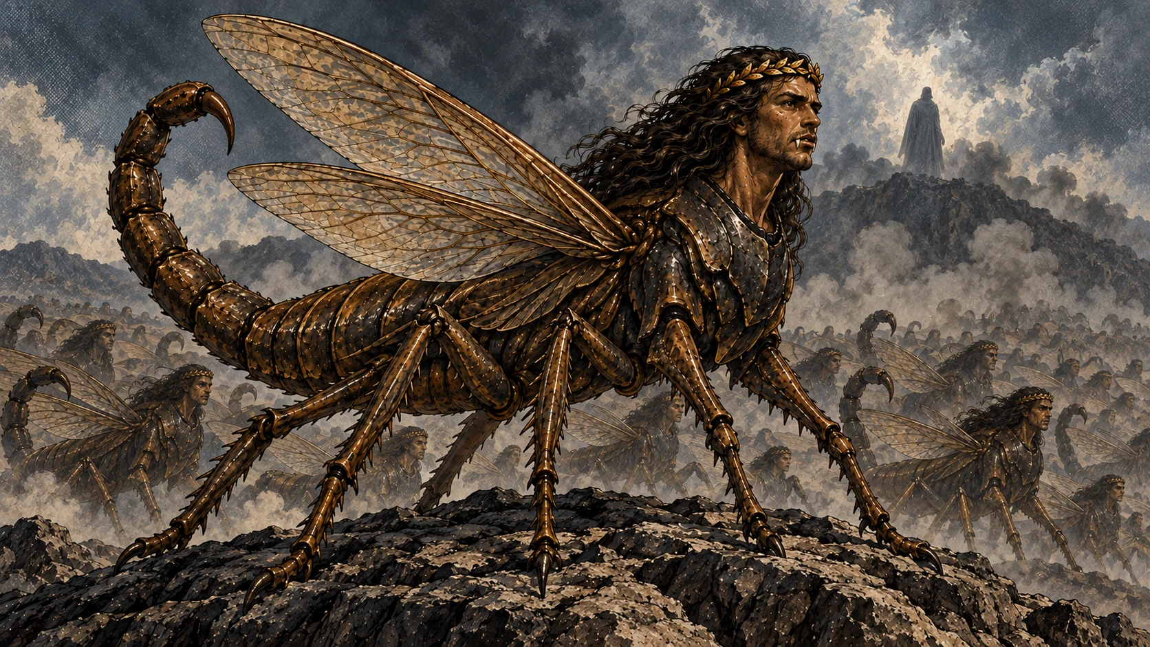 A crowned human-faced visionary locust stands before a swarm and its distant shadowed king.