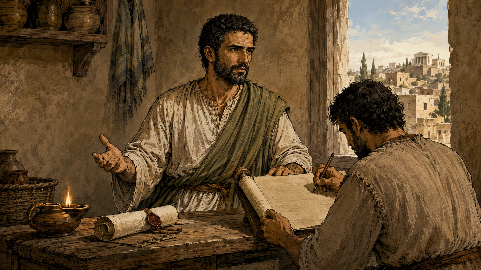 Paul dictates the opening of his letter to a scribe in a modest first-century room.