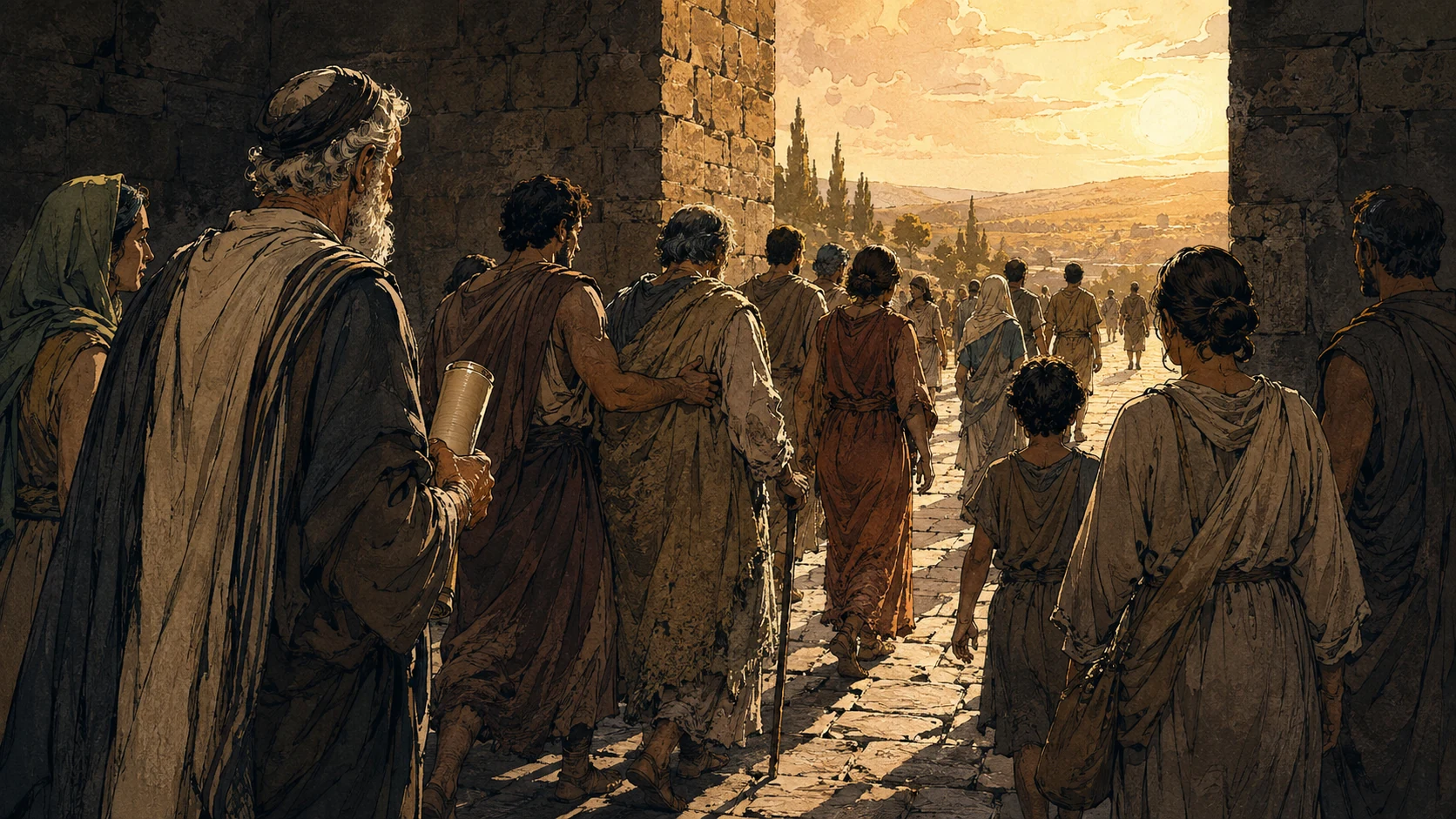 Jewish and Greek travelers walk together from shadow through a city gate into dawn light.