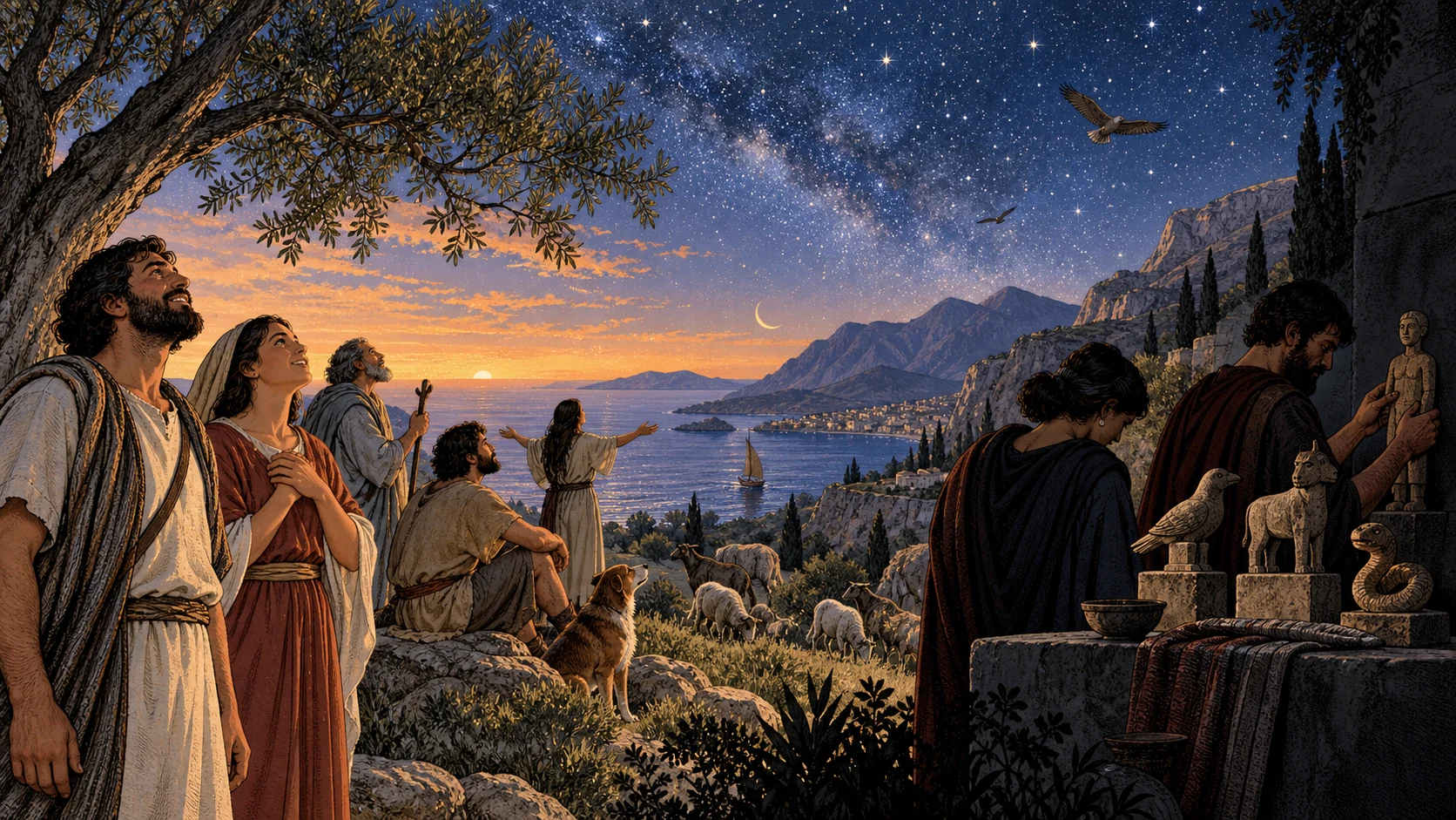 People look across sea, mountains, animals, and stars while others turn toward small handmade images.