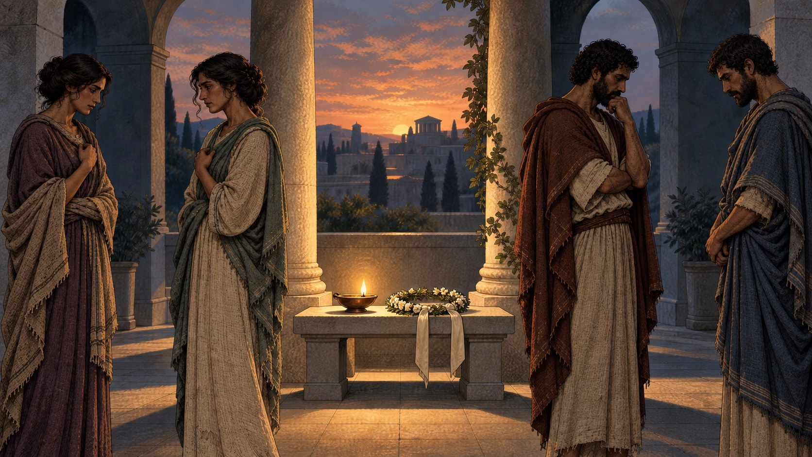 Two women and two men face one another at respectful distances around an unattended covenant garland and lamp.