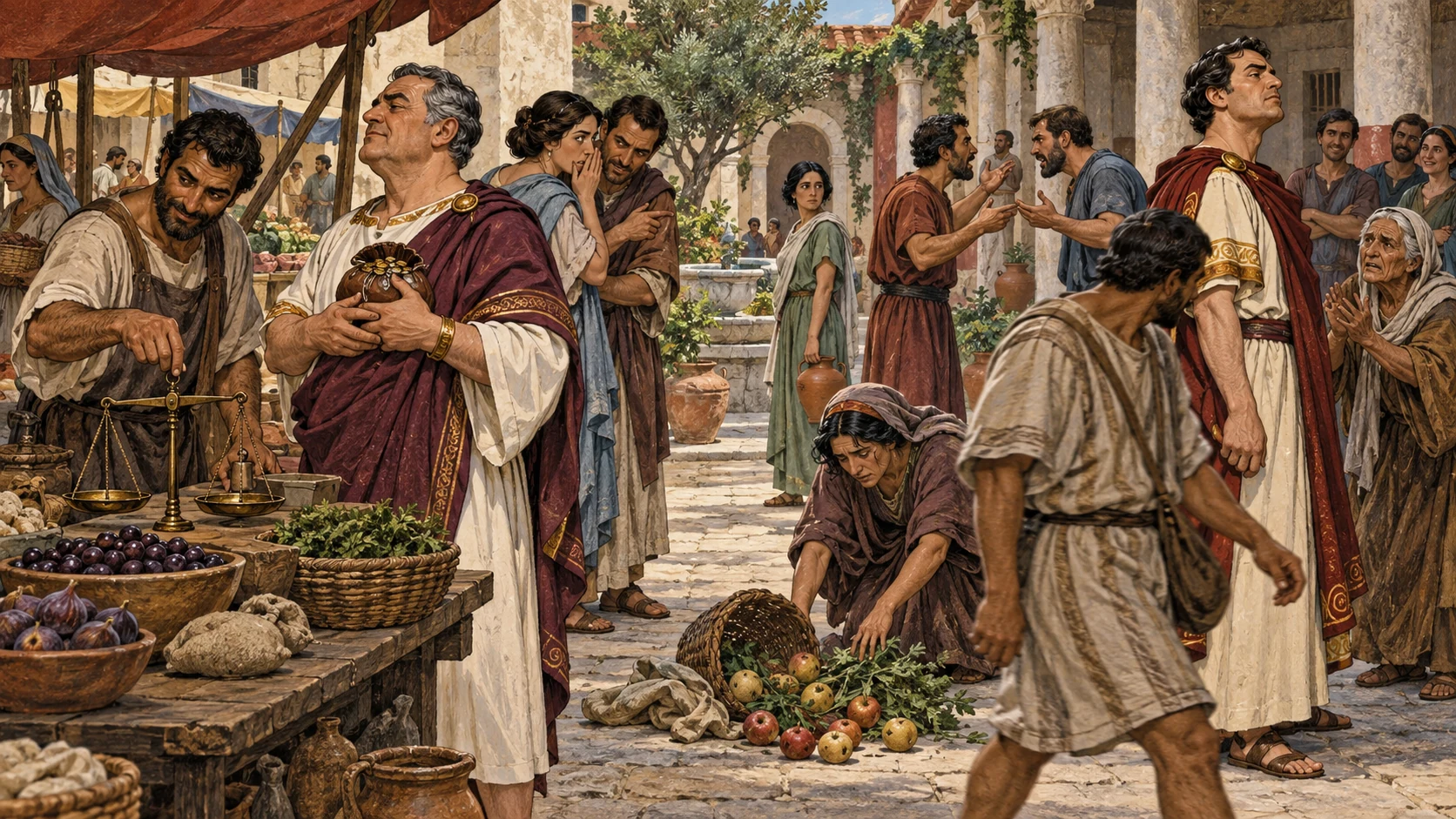 A marketplace community fractures through dishonest trade, greed, whispering, quarrel, pride, and withheld help.