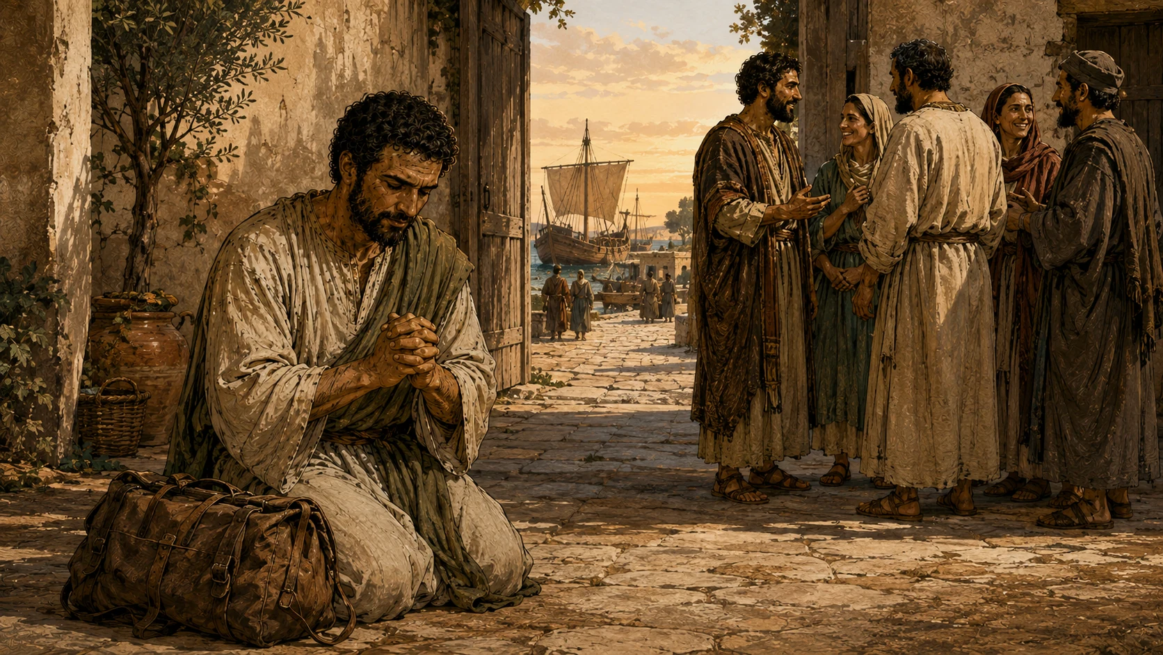 Paul prays beside a packed travel satchel while believers encourage one another near a harbor road.