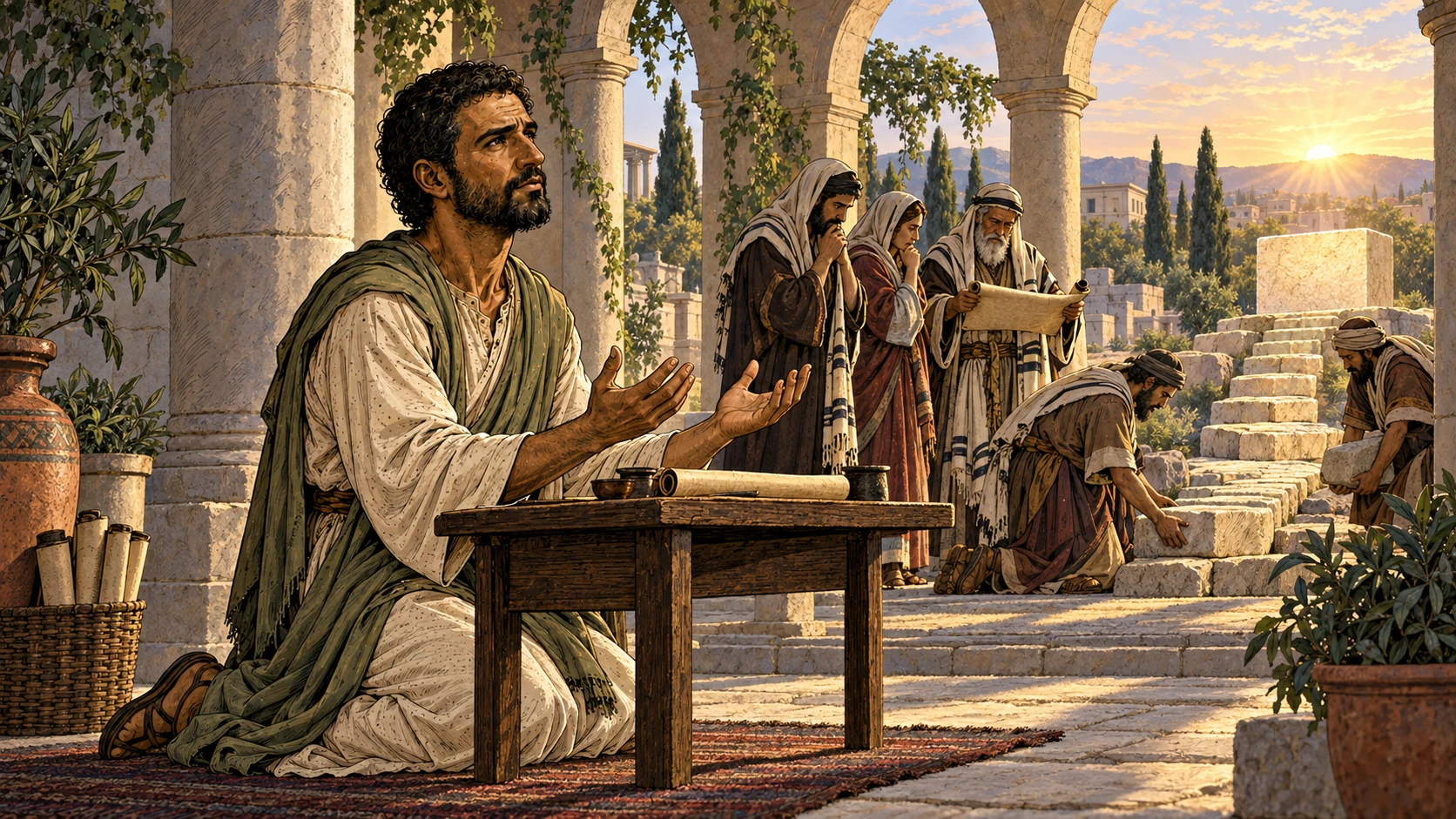 Paul kneels in prayer while devout people measure a road that culminates at a great cornerstone.