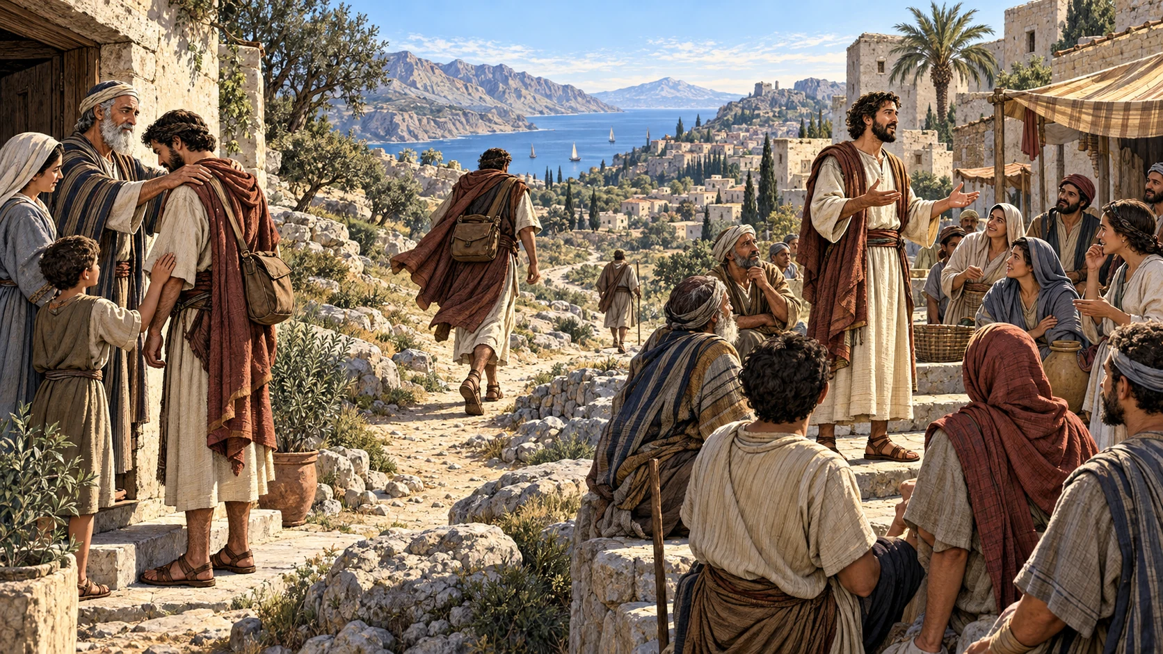 A household sends a messenger along a mountain road toward a village where people attentively hear good news.