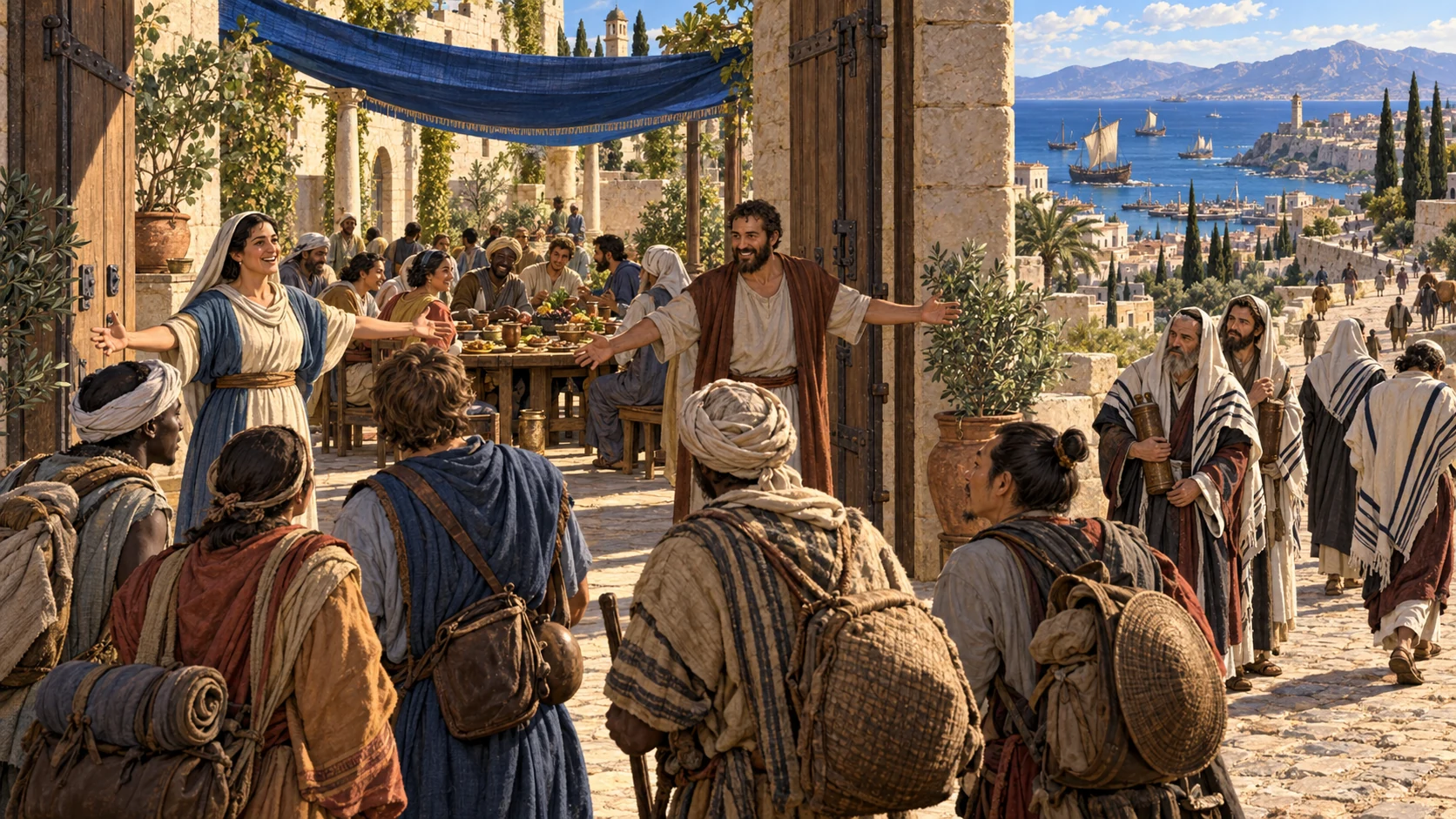 A city gate and table stay open as travelers arrive and devout listeners pause or continue on the adjoining road.