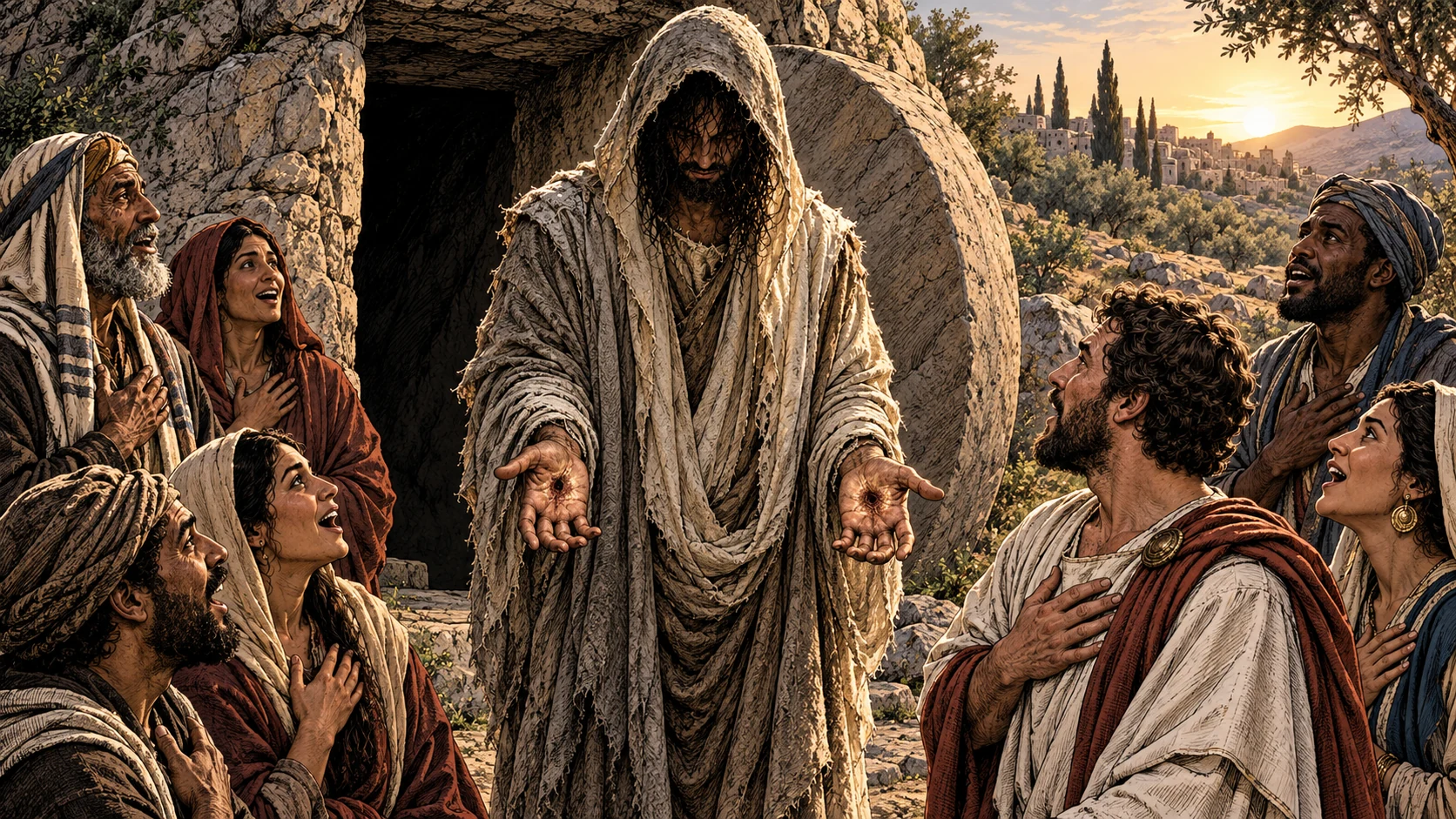 The hooded risen Jesus shows large healed wounds in both palms as diverse Jewish and Greek adults respond with heart and mouth.