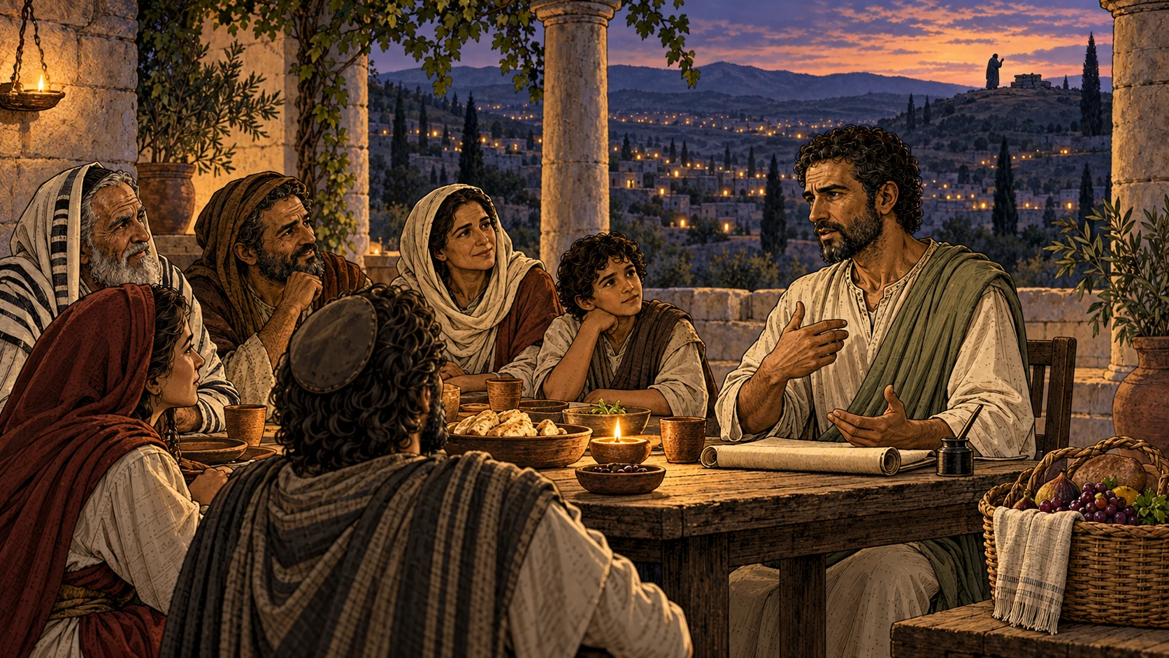 Paul speaks at a Jewish family table while many household lamps shine across a twilight valley.