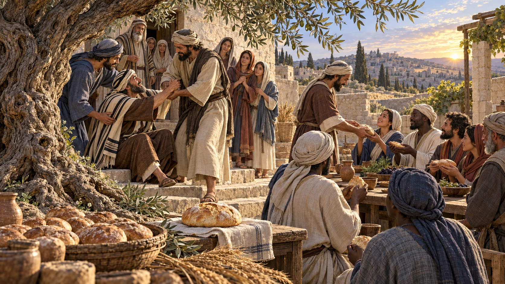 A stumbled traveler is helped upright as Gentile guests receive bread beside the first loaf and a living olive root.