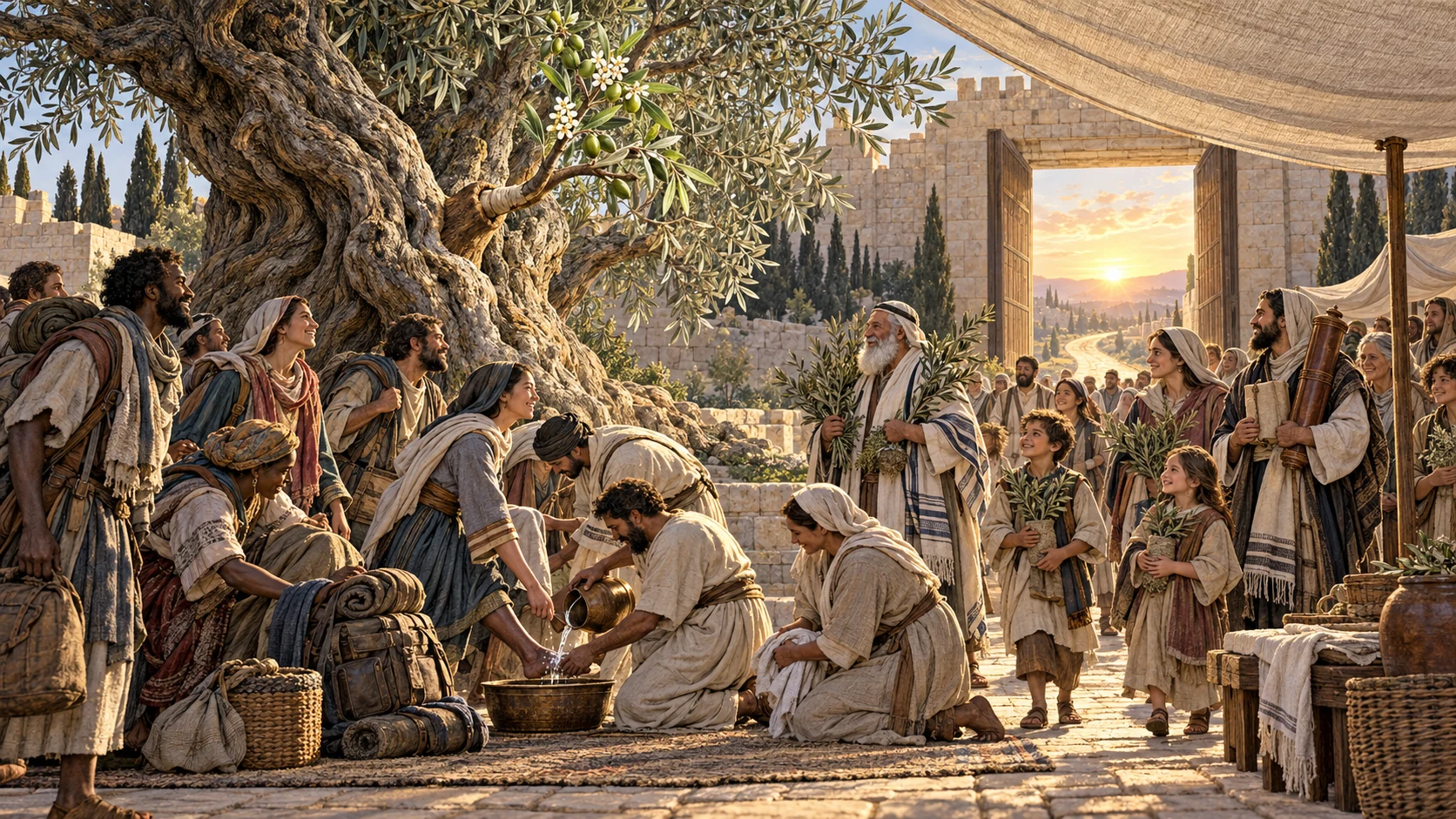 Jewish and Gentile processions converge humbly beside a blooming regraft and a plain open gate of Zion.