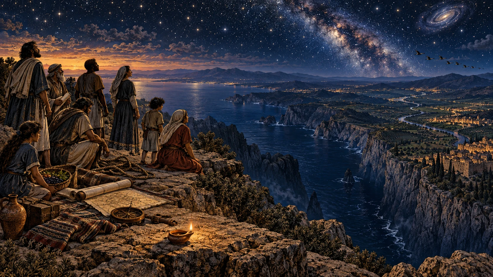 People set down measuring tools before an immense sea canyon, winding roads, and a star-filled sky.