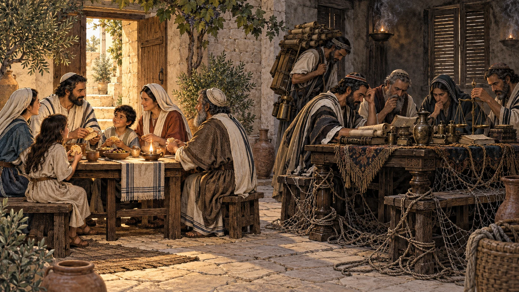 Two tables from one community contrast open bread and light with tangled cords, smoky lamps, and burdensome weights.