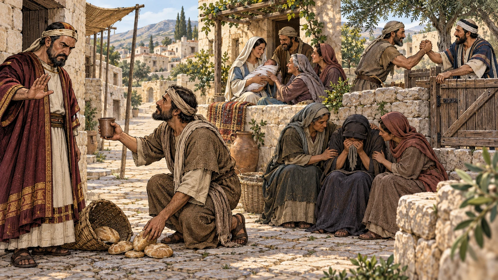 A rejected gift receives a calm blessing as neighbors share joy and grief and repair a gate together.