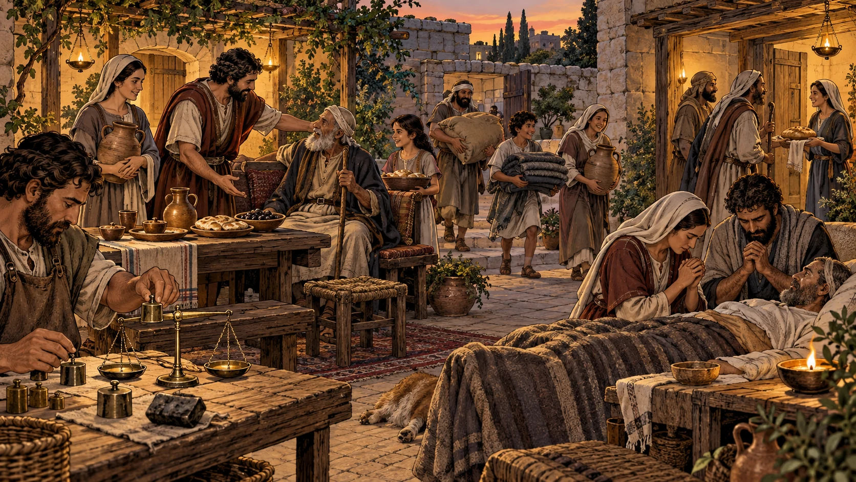 A courtyard practices honor, honest work, prayer, generosity, care for illness, and hospitality.