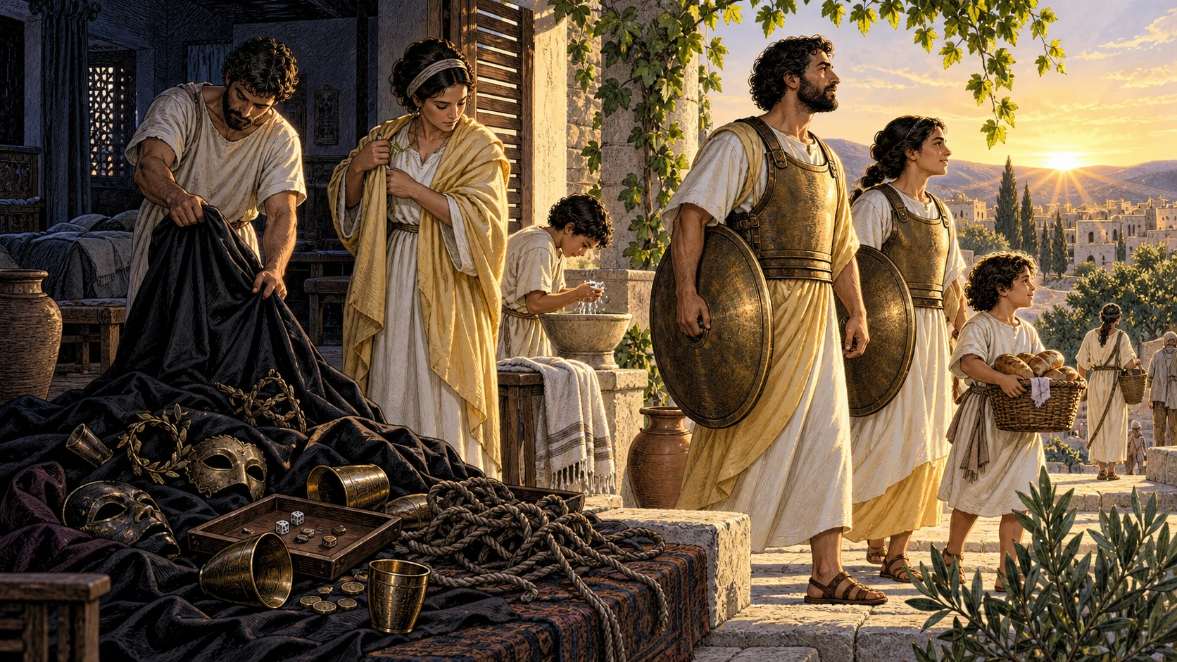 A household leaves night objects behind, dresses for dawn, and steps out wearing weaponless reflective protection.