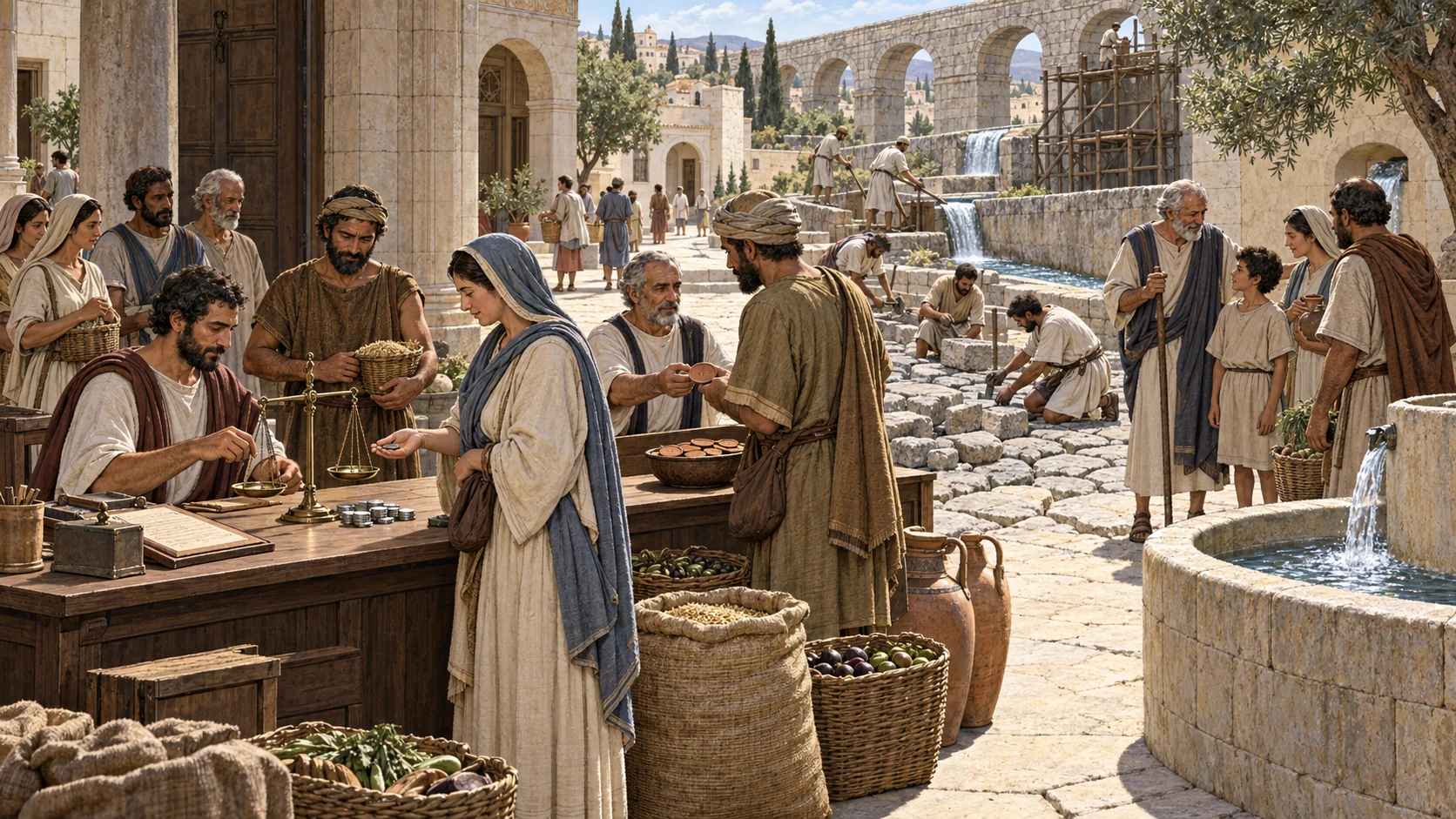 Citizens pay measured coin and produce in view while workers repair a road, aqueduct, and communal basin.
