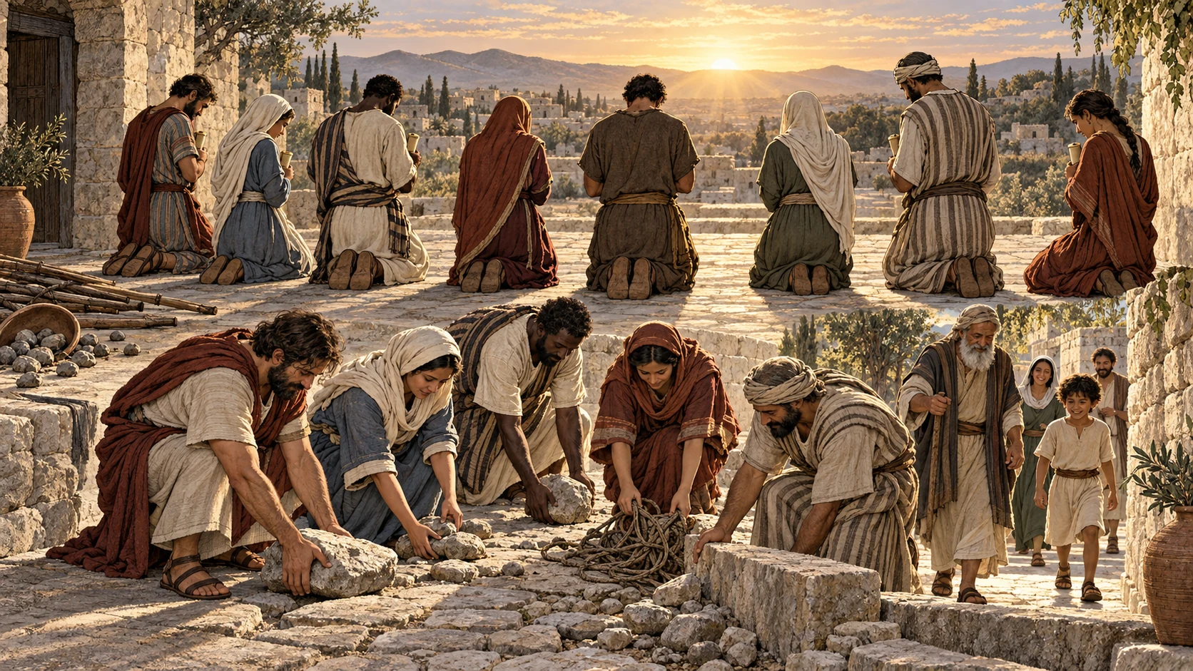 Believers kneel equally with personal account scrolls, then clear stones and cord from a public path.