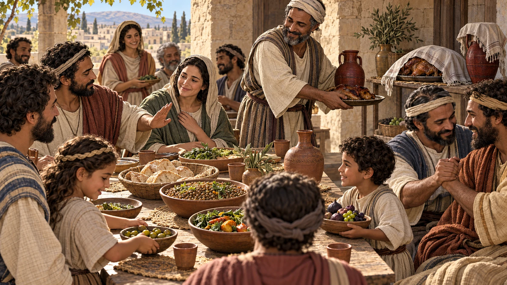 A meat course is respectfully set aside while a shared table of bread and vegetables becomes peaceful and joyful.