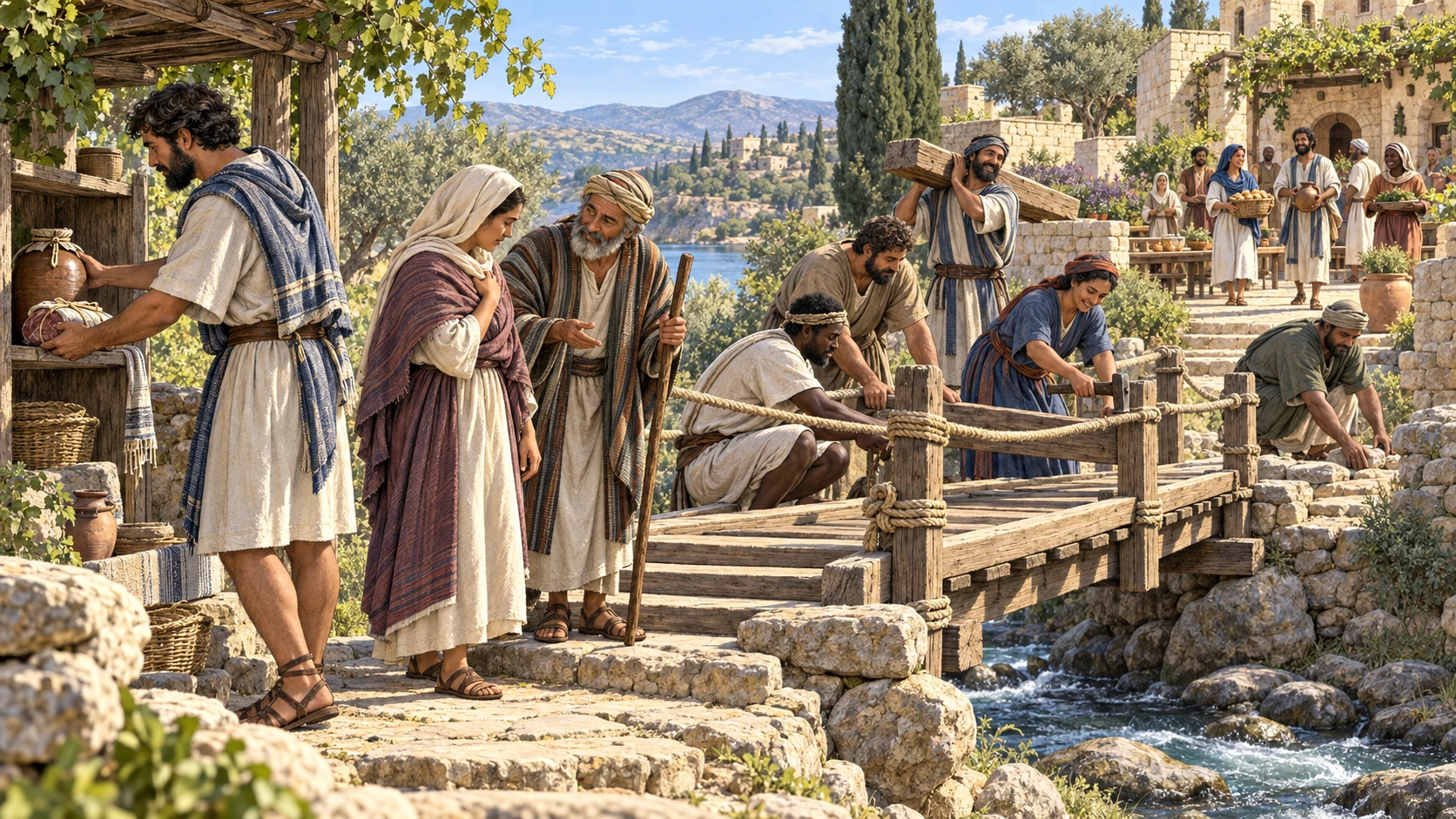 Believers build a safe communal bridge while one traveler voluntarily stores disputed food and drink before accompanying a hesitant neighbor.