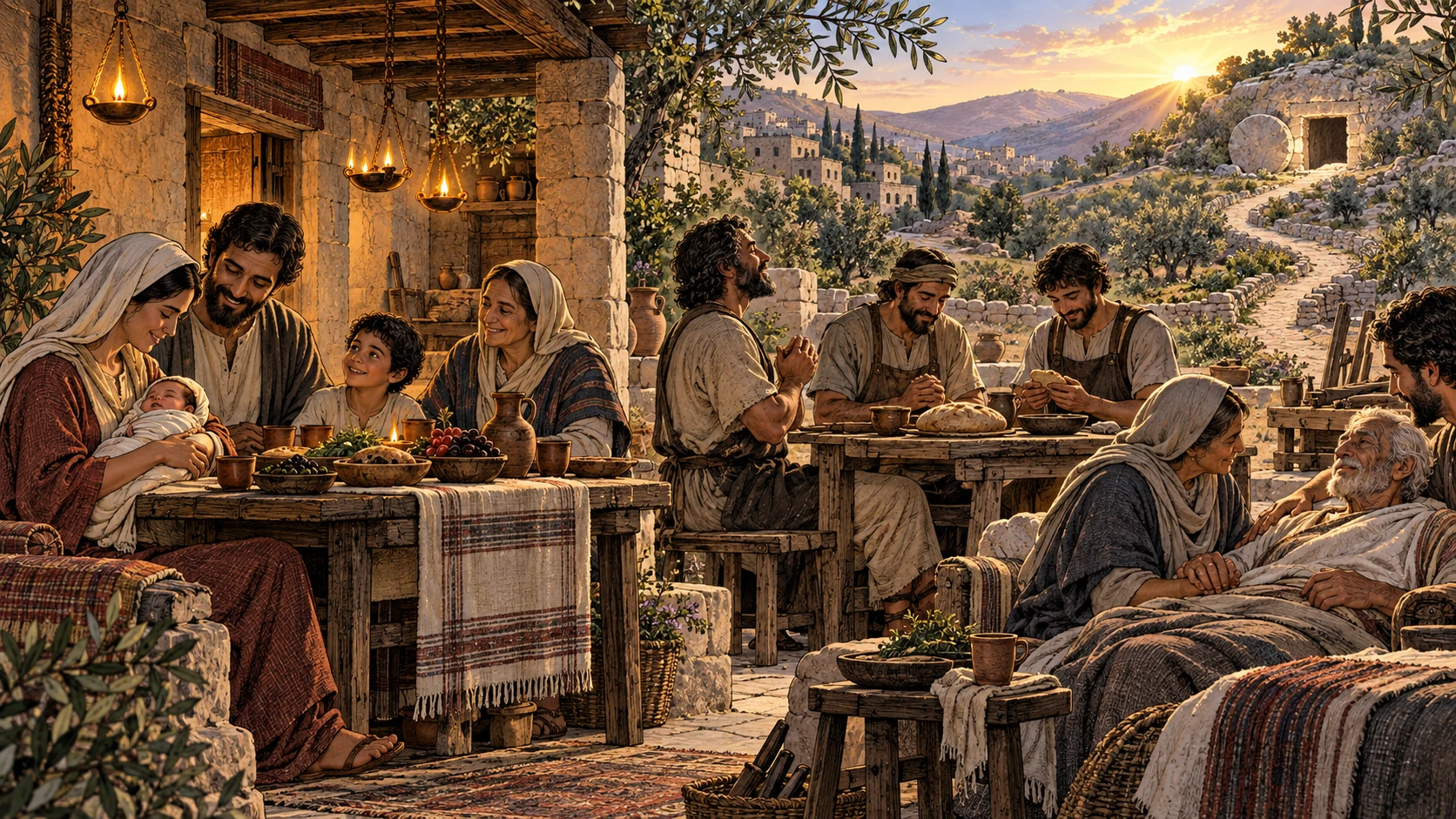 Neighboring households give thanks through different patterns of day observance beside a newborn, a living elder, and a distant empty tomb.