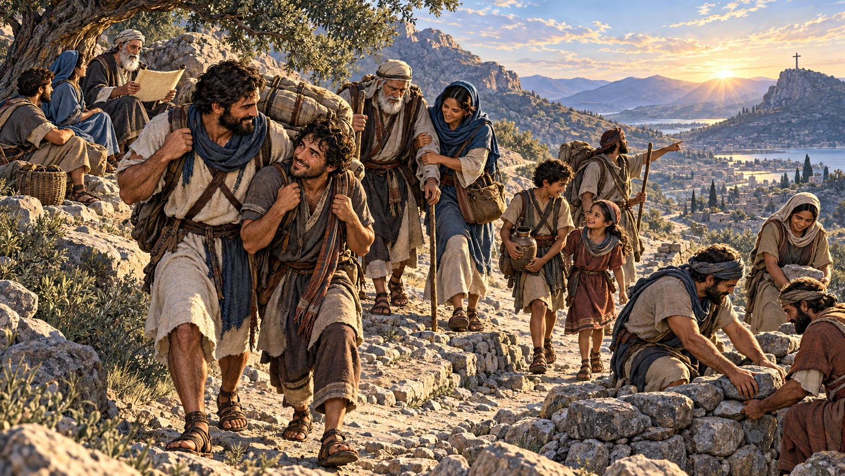 Travelers share burdens and reinforce a mountain road beside an unreadable scroll and distant empty cross.