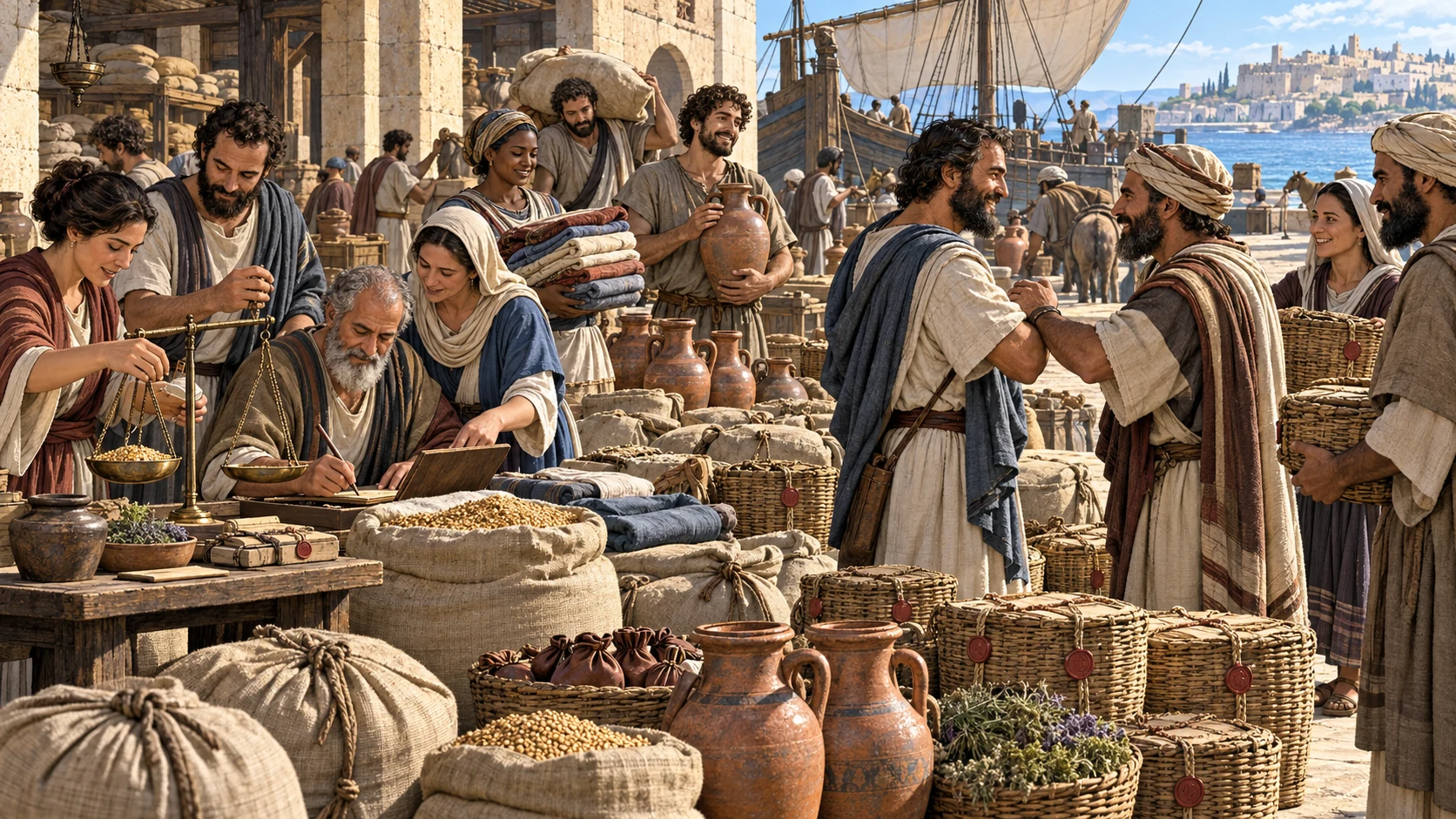 A mixed committee prepares practical relief goods and greets Jerusalem messengers as peers beside a waiting ship.