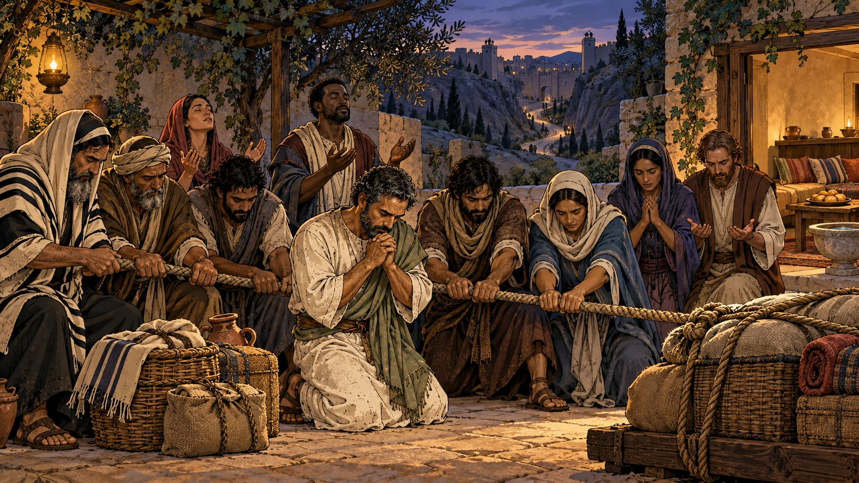 Paul and believers pray and pull together around secured relief cargo while a Jerusalem road and guest room remain ahead.
