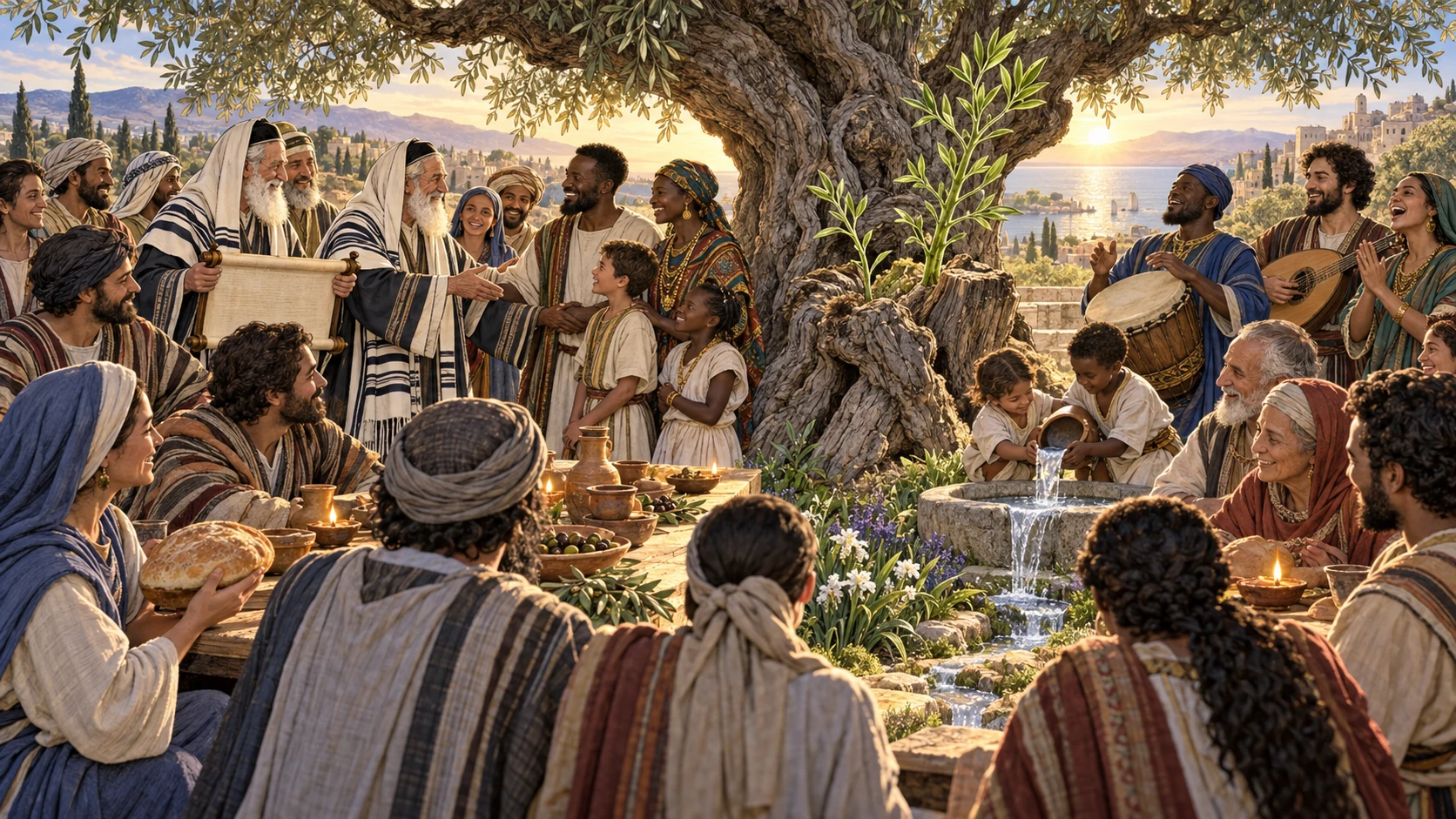Jewish and Gentile families welcome one another around a living root-shoot, shared table, praise, and an overflowing basin.