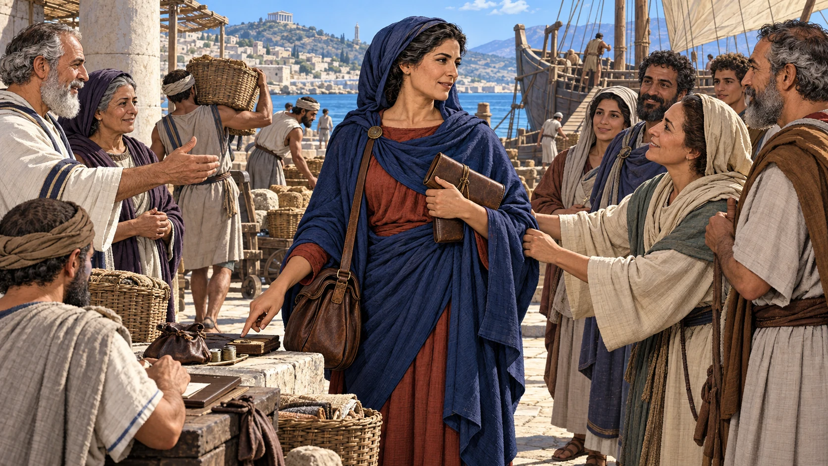 Phoebe stands at Cenchreae with a sealed letter case, travel satchel, and relief work as elders commend her.