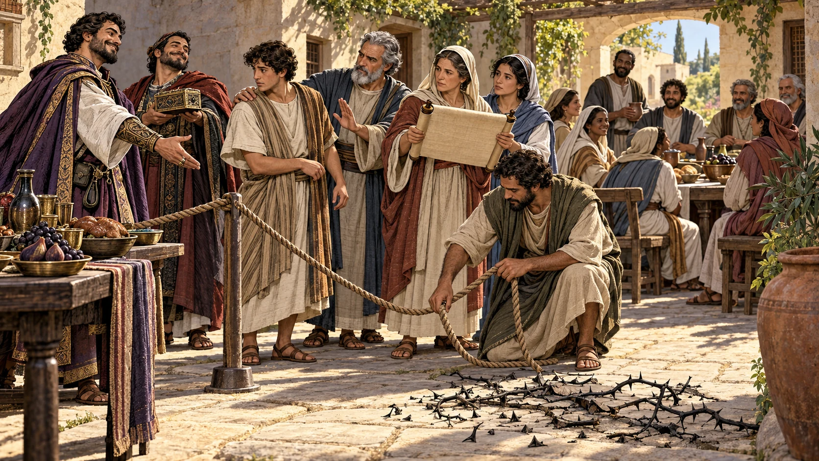 Believers remove a divisive rope barrier and flatten a dead thorn vine while turning from flattering deceivers.