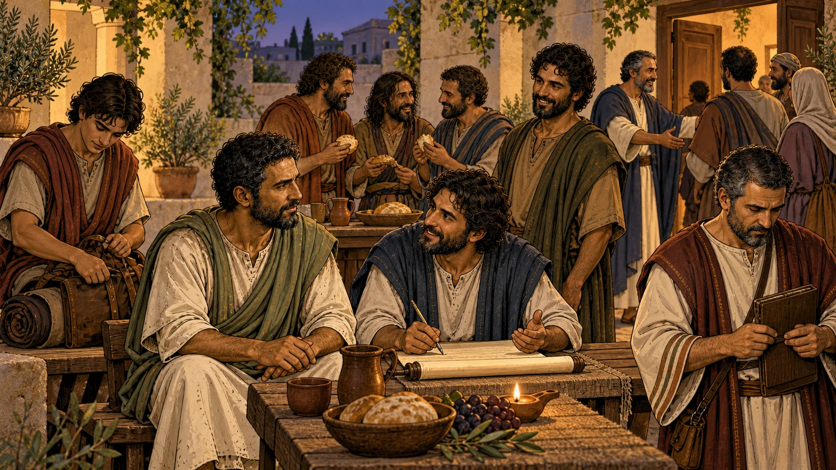 Paul and Tertius sit at the letter while coworkers share bread and Gaius welcomes guests.