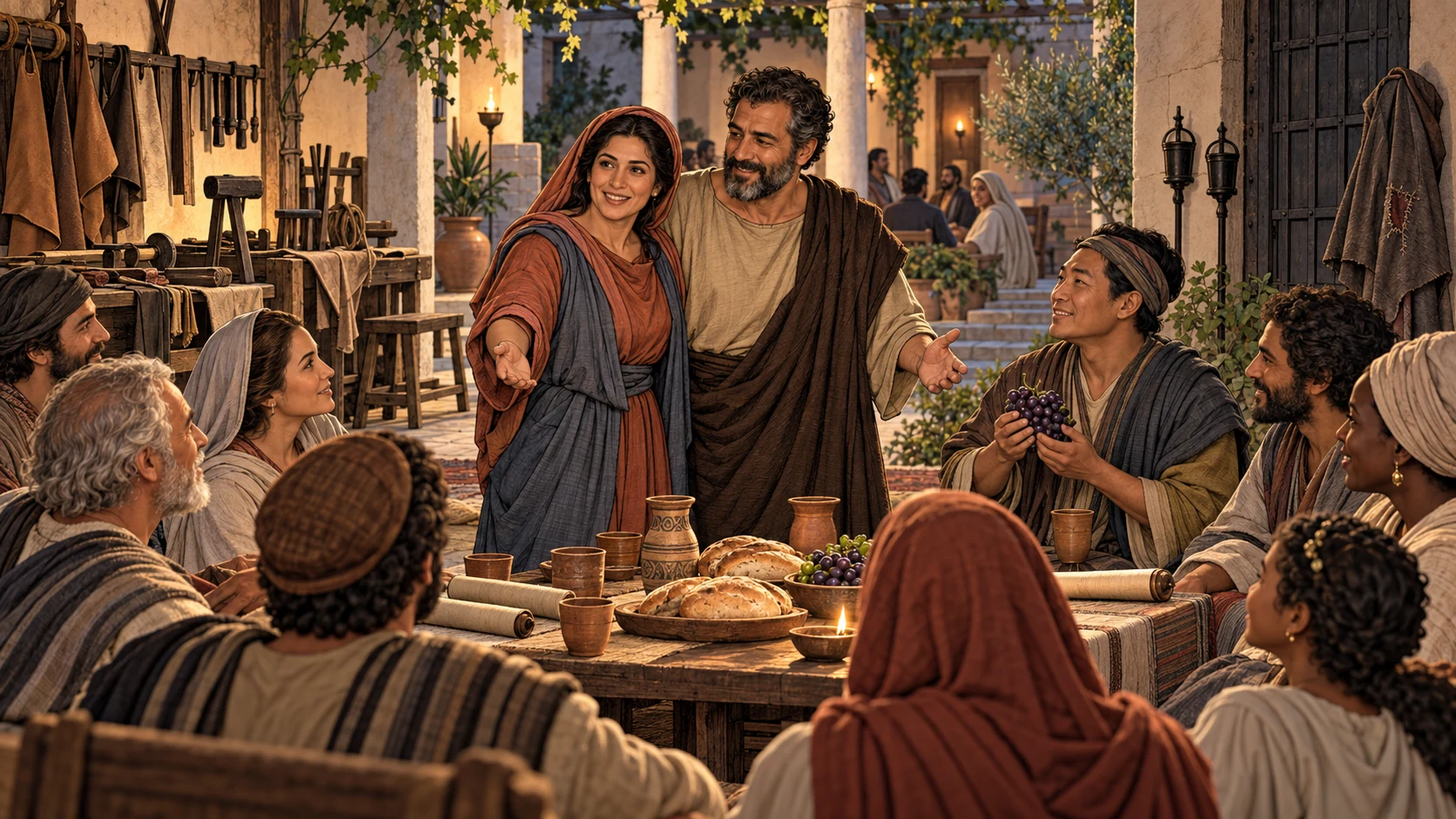 Prisca and Aquila jointly welcome a house church beside their workshop and the first grape cluster.