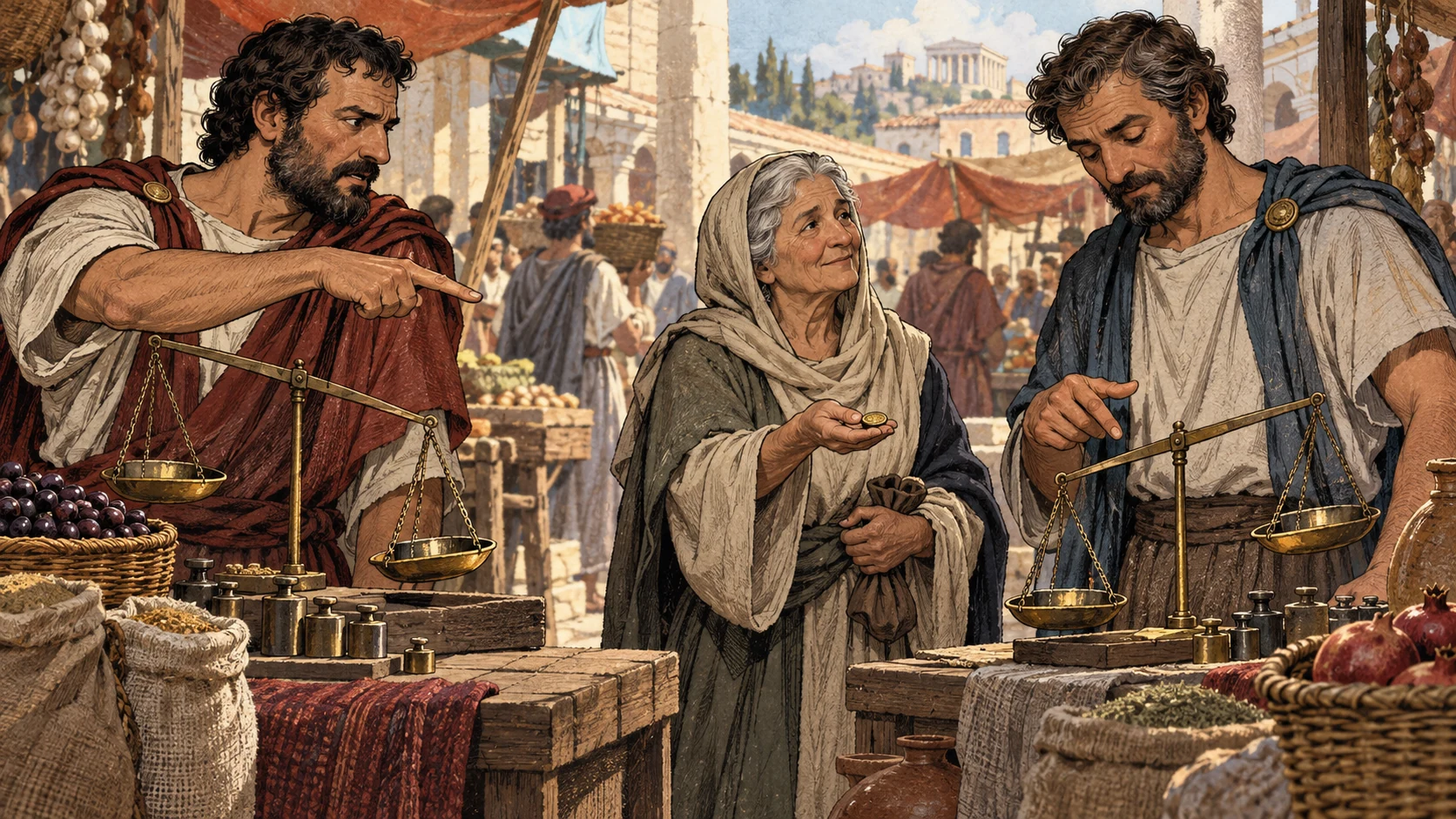 One merchant points at another’s tilted scale while an older woman returns an overpaid coin and both merchants confront their own dishonesty.
