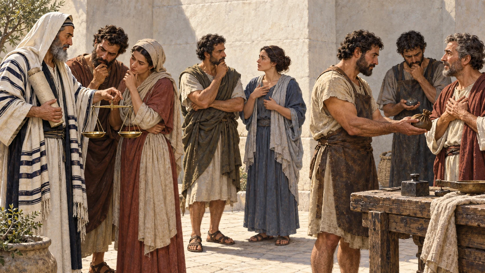 A Jewish elder holds a closed scroll near a fair balance while a Gentile artisan returns a lost pouch and another examines a concealed false weight.