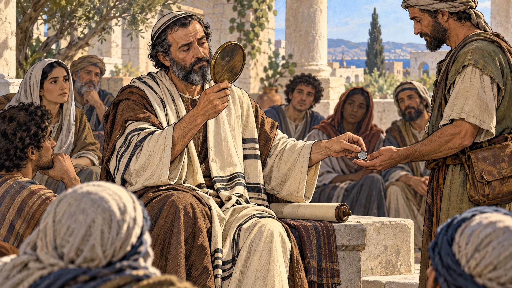 A respected teacher looks into a bronze mirror while returning a disputed coin before his waiting students.