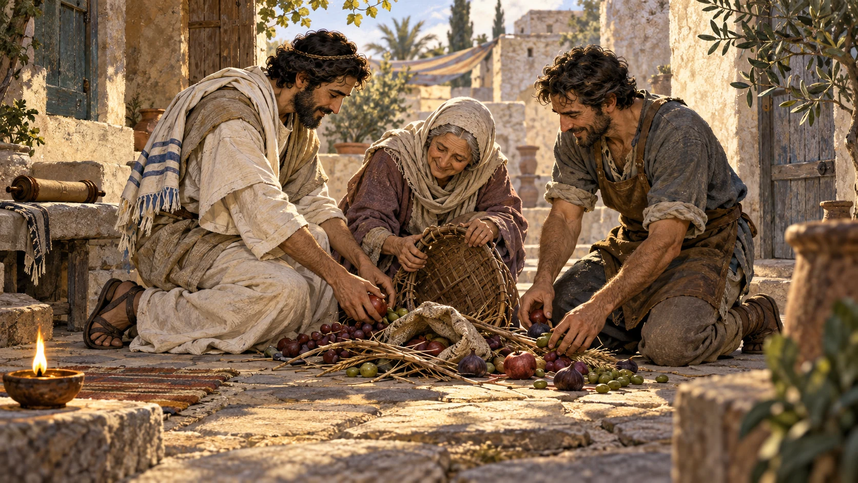A Jewish man and Gentile artisan kneel together helping an older woman gather food from a broken basket.