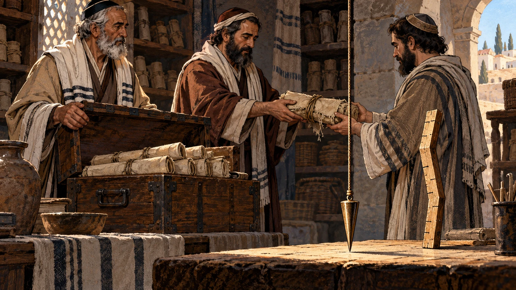 Three Jewish custodians pass carefully wrapped scrolls beside a true plumb line and crooked measure.