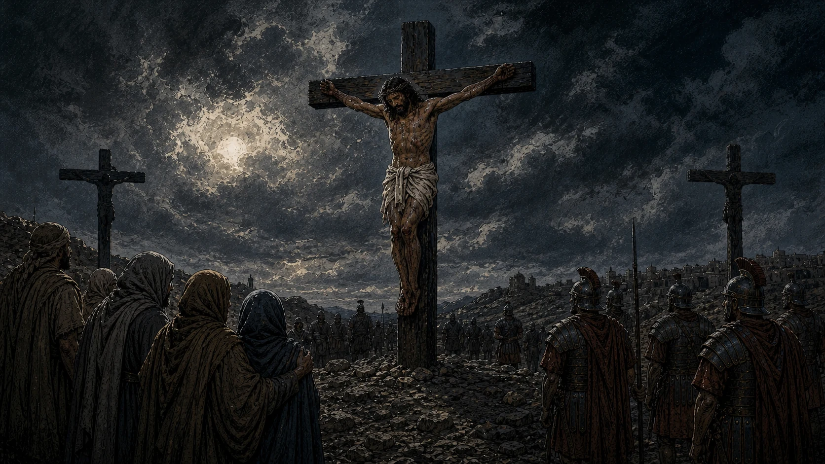 Jesus hangs on the central cross beneath a darkened sky while mourners and soldiers stand at a distance.