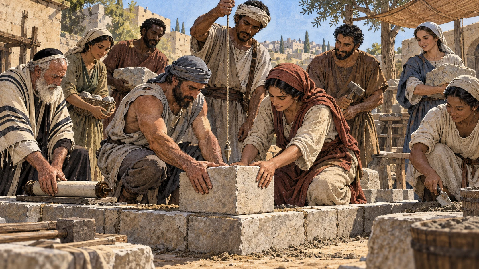 Jewish and Gentile craftspeople align one shared cornerstone beneath a single plumb line.