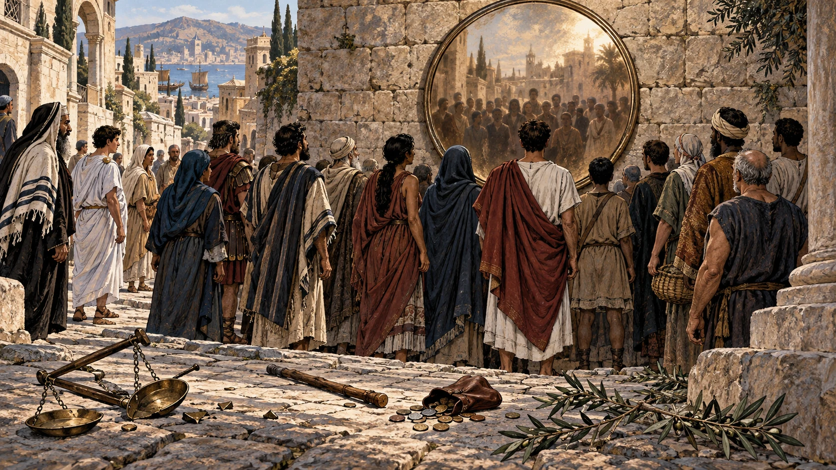Jewish and Greek adults stop together before a wall and see their whole community reflected in one mirror.