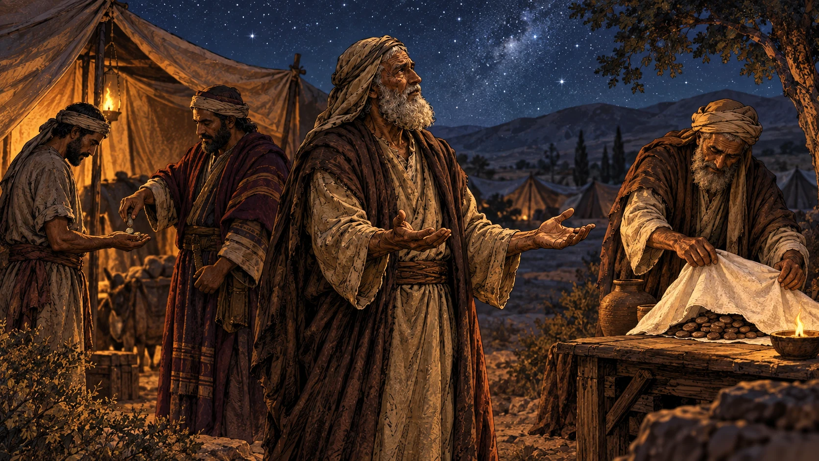 Abraham stands beneath stars with empty hands while a worker receives wages and another account is covered freely.