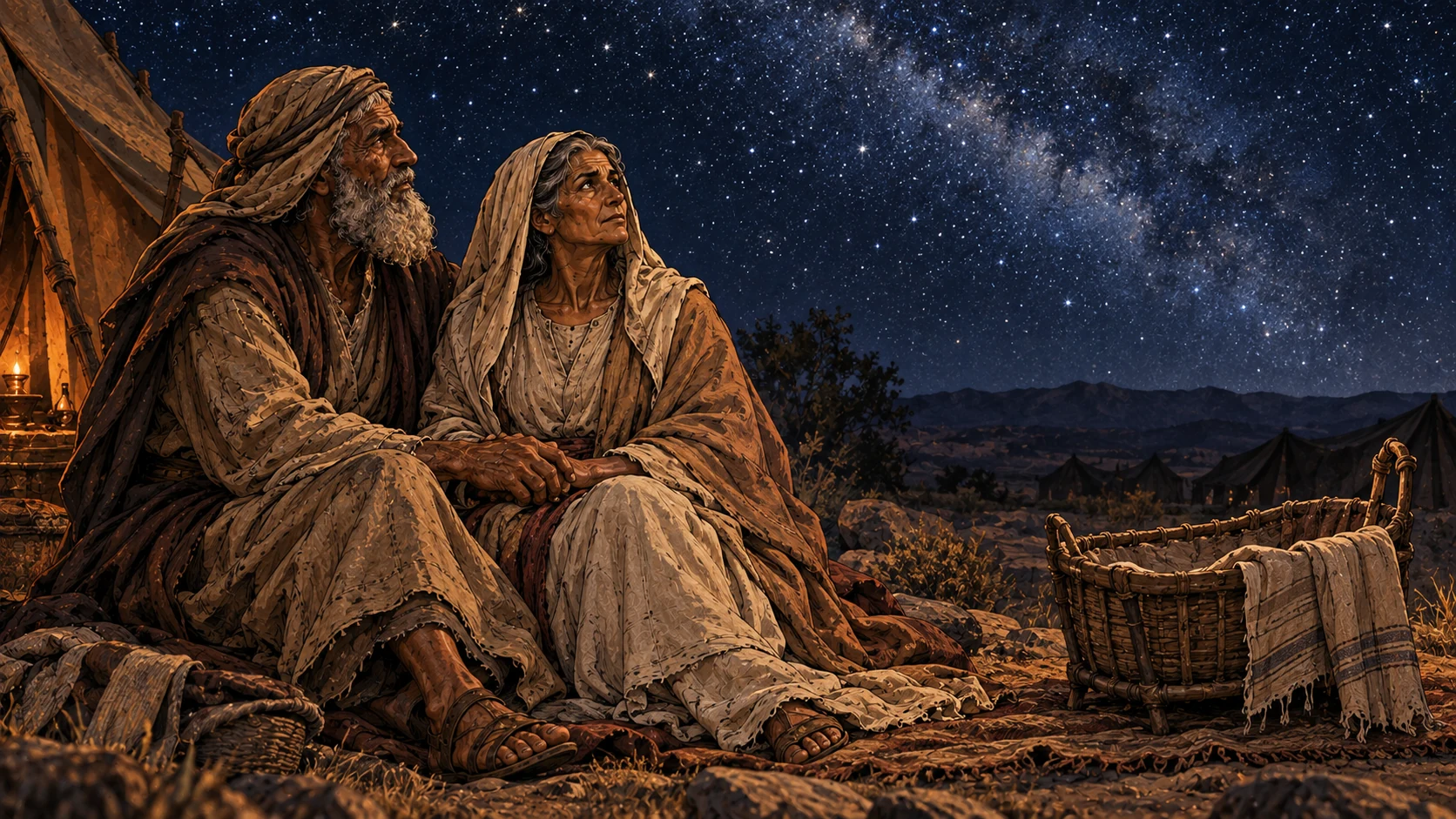 The elderly Abraham and Sarah sit hand in hand beneath countless stars beside an empty cradle.