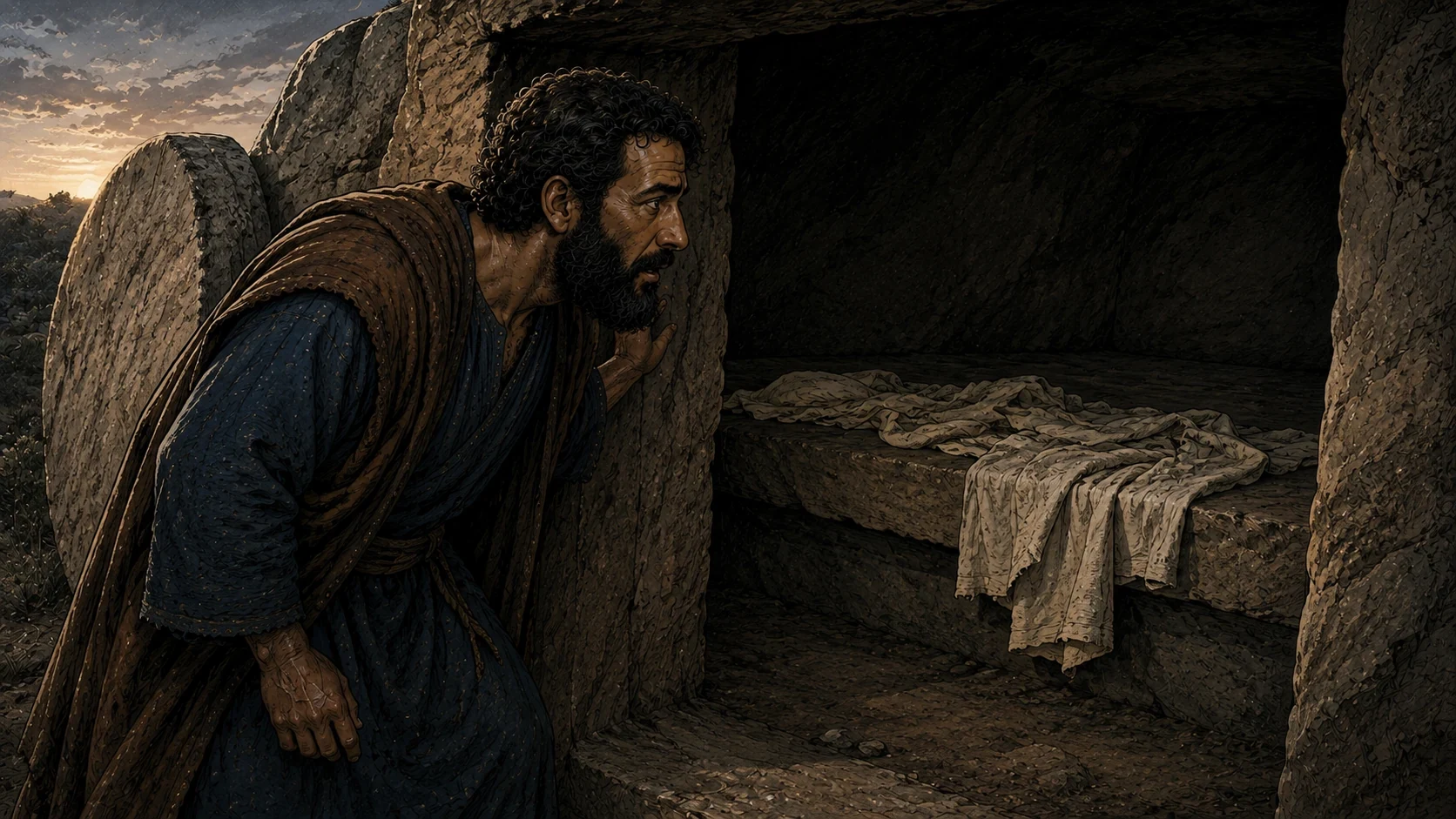 Morning light enters an empty tomb where linen cloths lie alone.