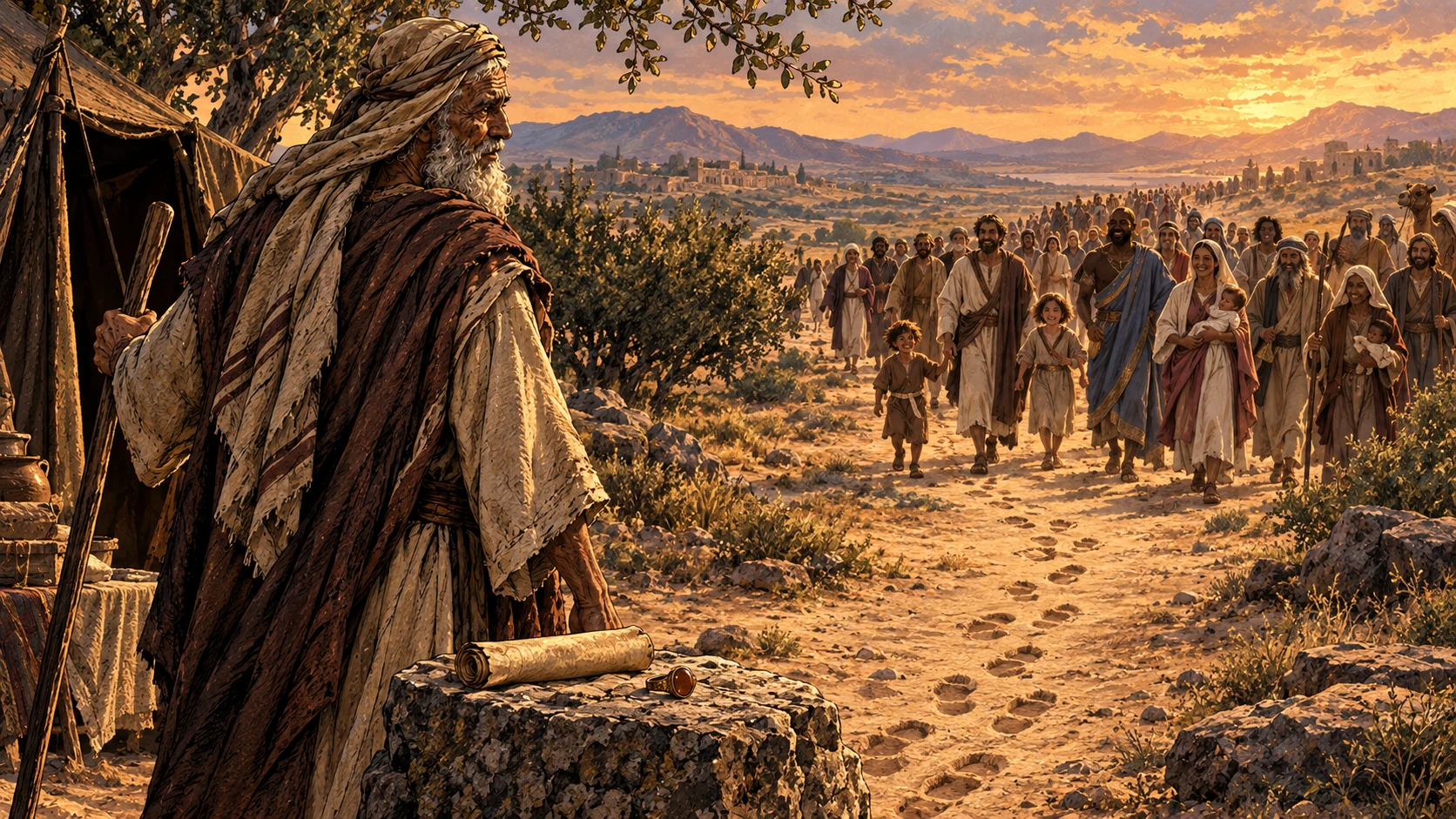 Abraham looks over a path of footprints toward diverse families approaching his camp.
