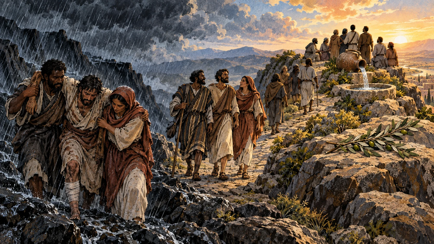Believers support one another through a storm-dark path toward dawn, water, and an olive branch.